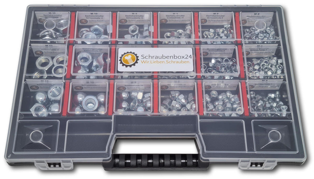 MUTTERN Sortiment M4-M5-M6-M8-M10-M12 554 tlg. Schraubenbox - Zinkfarben, Metall (3.5cm) - Schraubenbox24