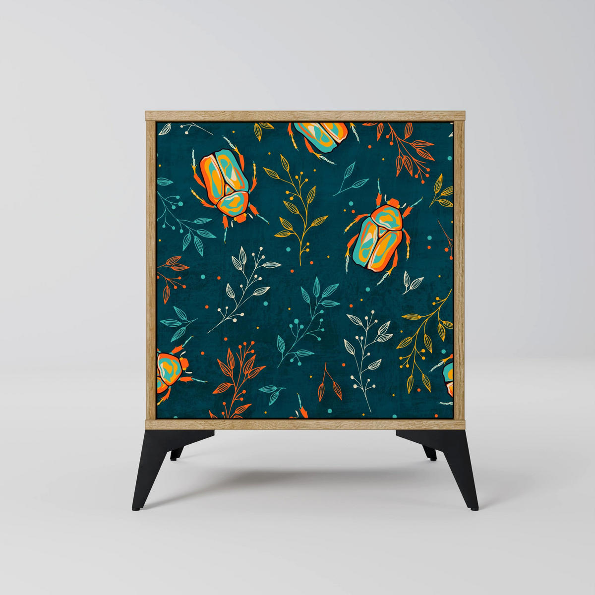 SIDEBOARD AUTUMN INSECTS, Eichefarben, 57,5x42x70,5 cm, Schwarze Metall-Sternfüße - Eichefarben/Multicolor, Holzwerkstoff/Metall (57.5/70.5/42cm) - SpaceRebels