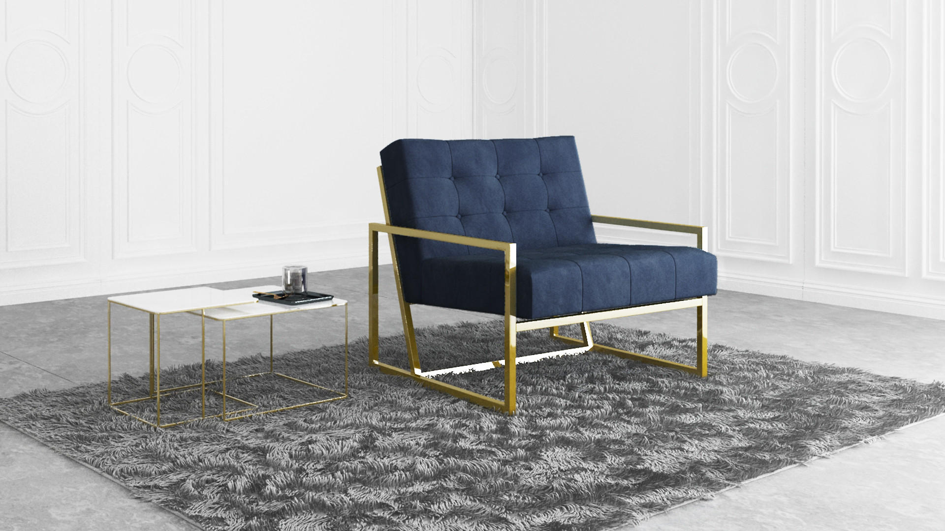 Thumbnail - S-Style Möbel Loungesessel, Dunkelblau, Gold, Textil, Echtholz,Buche, Birke, 1-Sitzer, Füllung: Polyetherschaumkern, 84x...