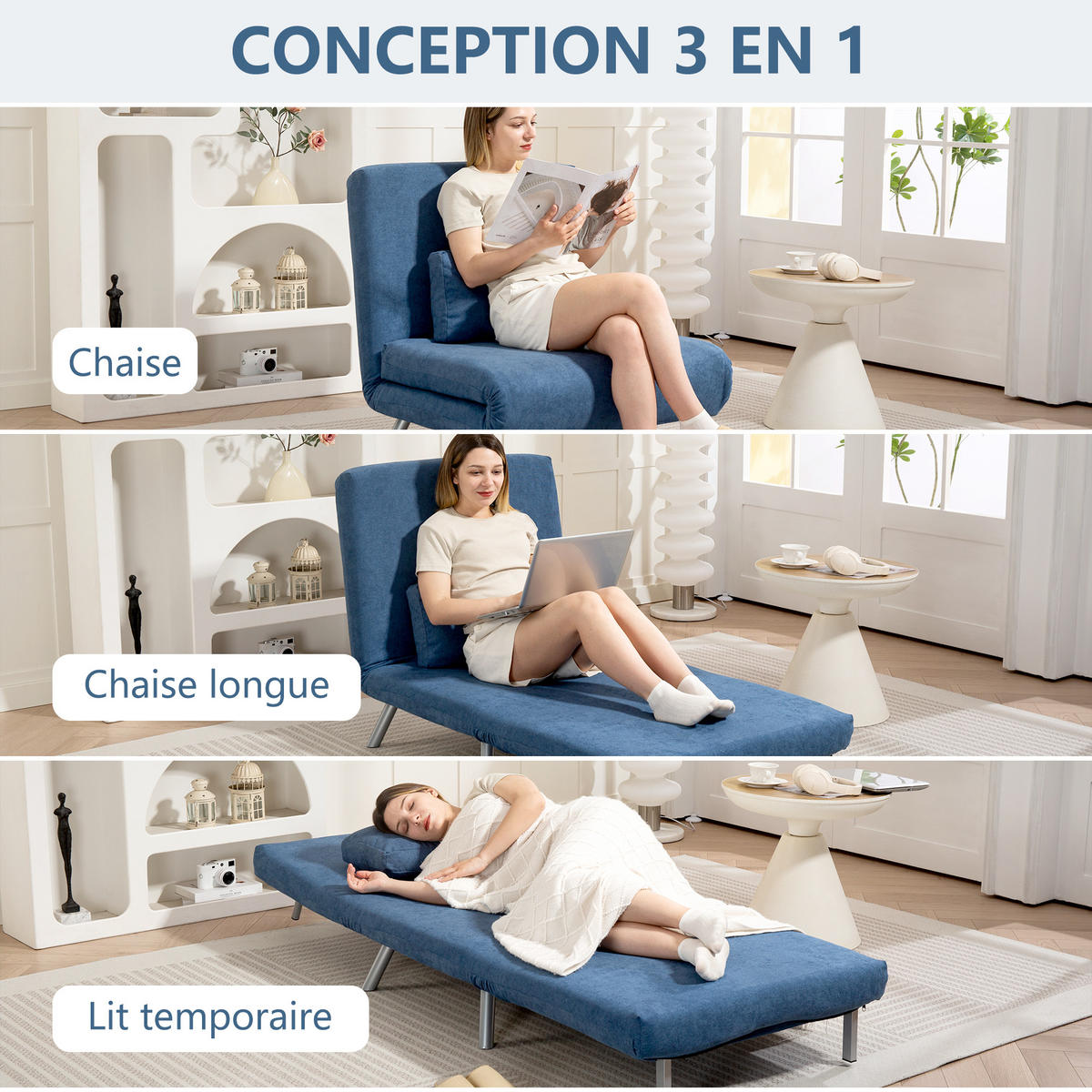 SCHLAFSESSEL 3-in-1 DE-14667 5-stufig verstellbar mit breiter Sitzfläche Blau - Blau, Metall (75/83/80cm) - ComfortXL