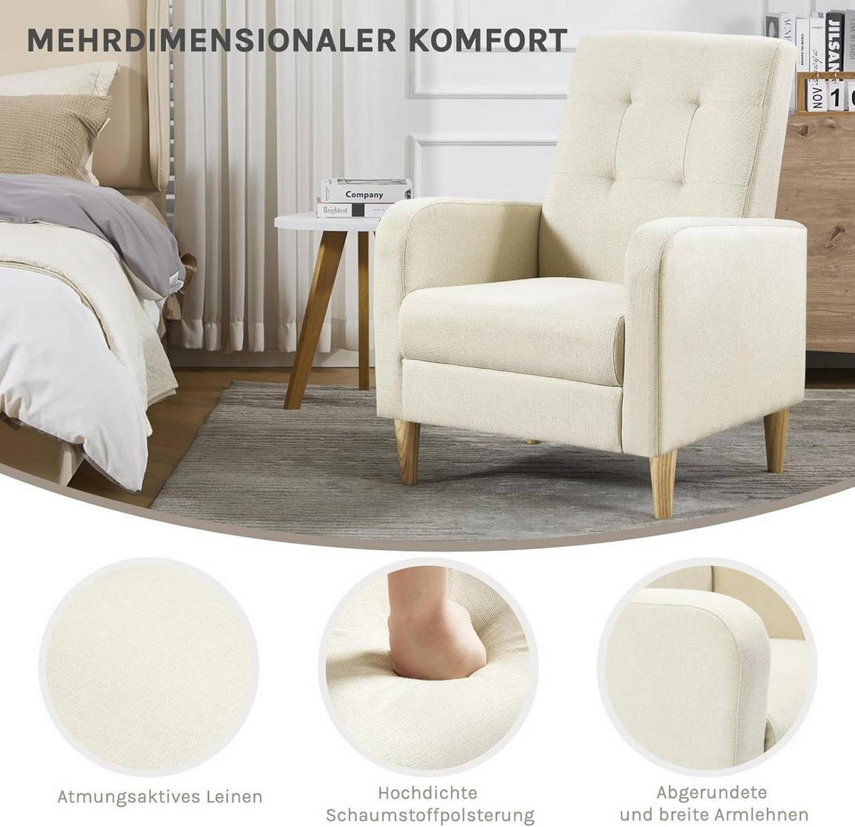 RELAXSESSEL mit Massivholzbeinen, Leinen, Beige - Beige, Holz/Holzwerkstoff (68/90.5/76cm) - Woltu