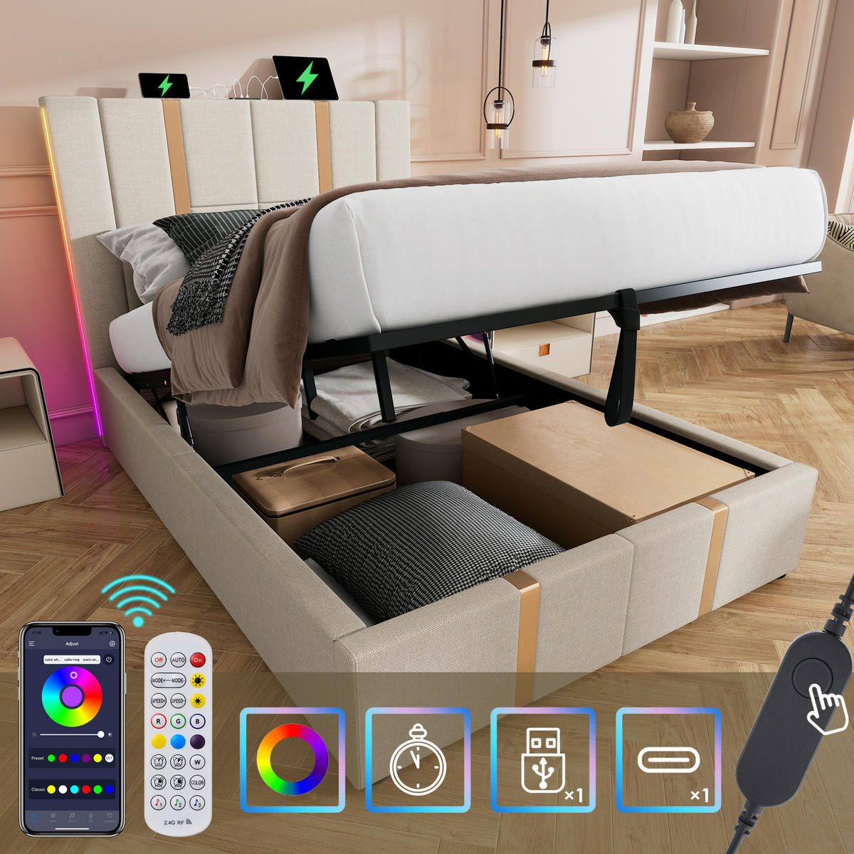 POLSTERBETT 90/200 cm mit Bettkasten, LED und USB/Type-C in Beige - Beige, Textil (90/200cm) - BEAOK