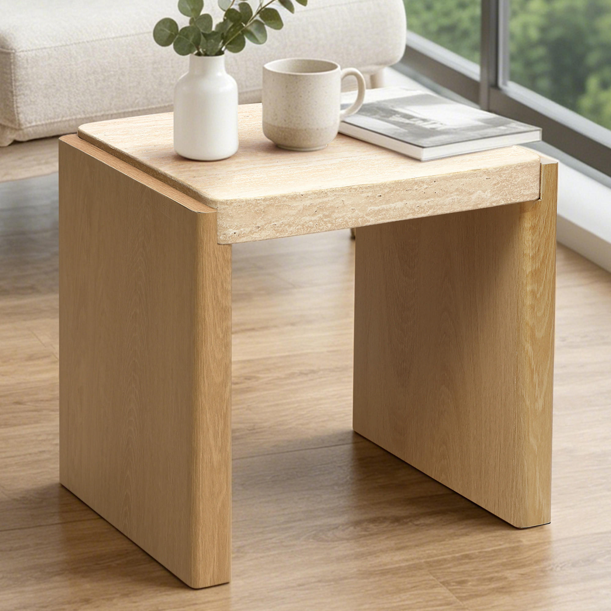 COUCHTISCH Holz mit Travertin-Optik, 49 × 40 × 46 cm - Braun, Holzwerkstoff (40/49/46cm) - Hometopia