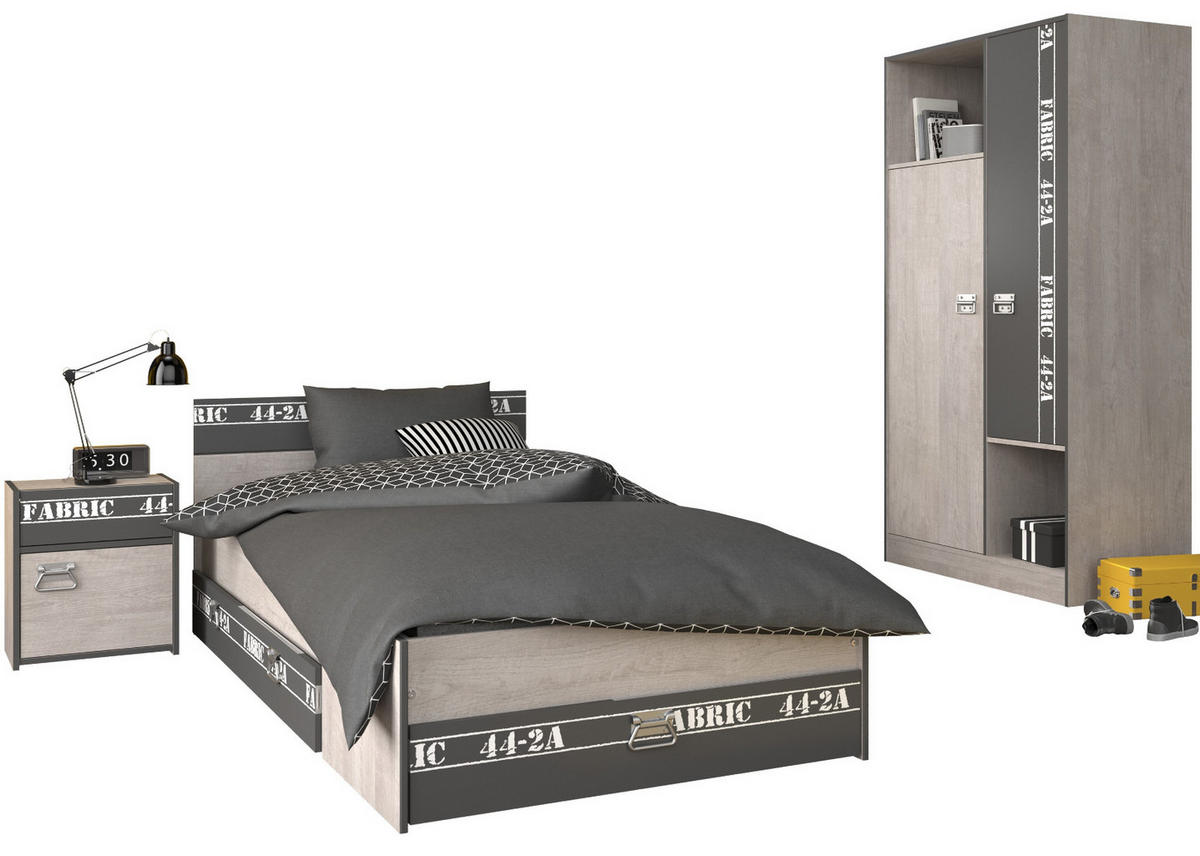 KINDERZIMMER Set 3-tlg Bett 90 x 200 Kleiderschrank Nachttisch - Chromfarben/Eschefarben, Holz/Holzwerkstoff (207/182/99cm) - Parisot Meuble