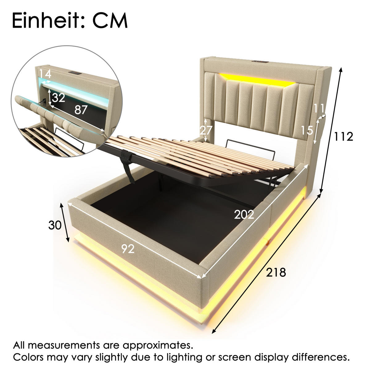 POLSTERBETT mit Stauraum 90x200 cm Leinen Beige mit LED und USB - Beige, Metall (90/200cm) - Meubliv