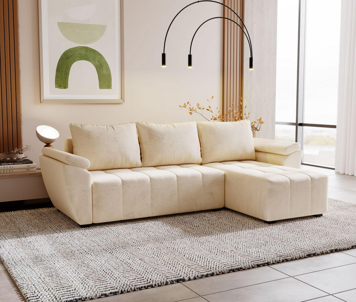 ECKSOFA ZEUS L Monolith 02 Rechts mit Schlaffunktion - Beige, Textil (251/140cm) - Bedante