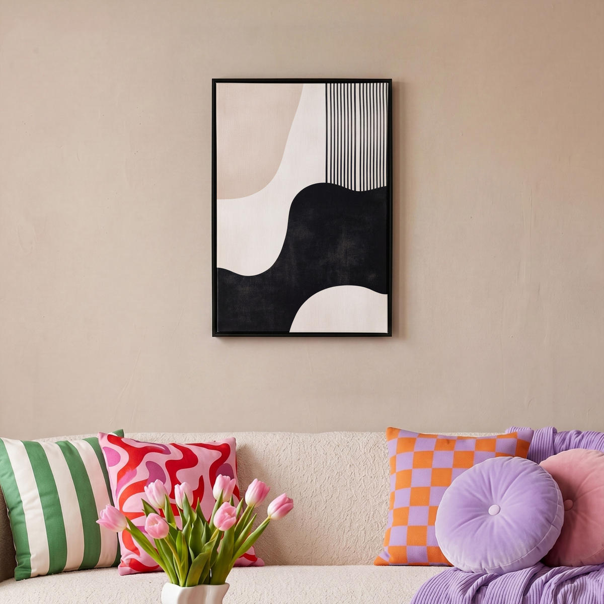 LEINWAND Bilder mit Rahmen - Abstrakt - Japandi - Beige - Modern - 40x60 - Schwarz, Textil (40/60cm) - MuchoWow