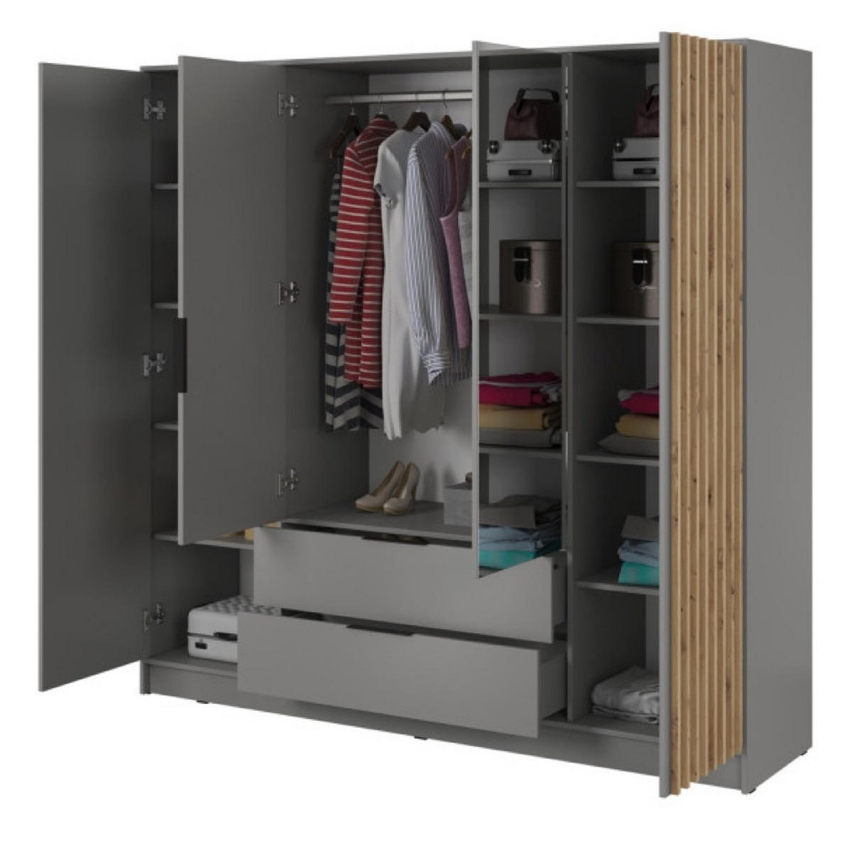 SCHRANK Grau KELLY Mit Lamellen Und Spiegel 206 cm - Transparent/Grau, Holzwerkstoff (206/200/51cm) - Sepro Meble
