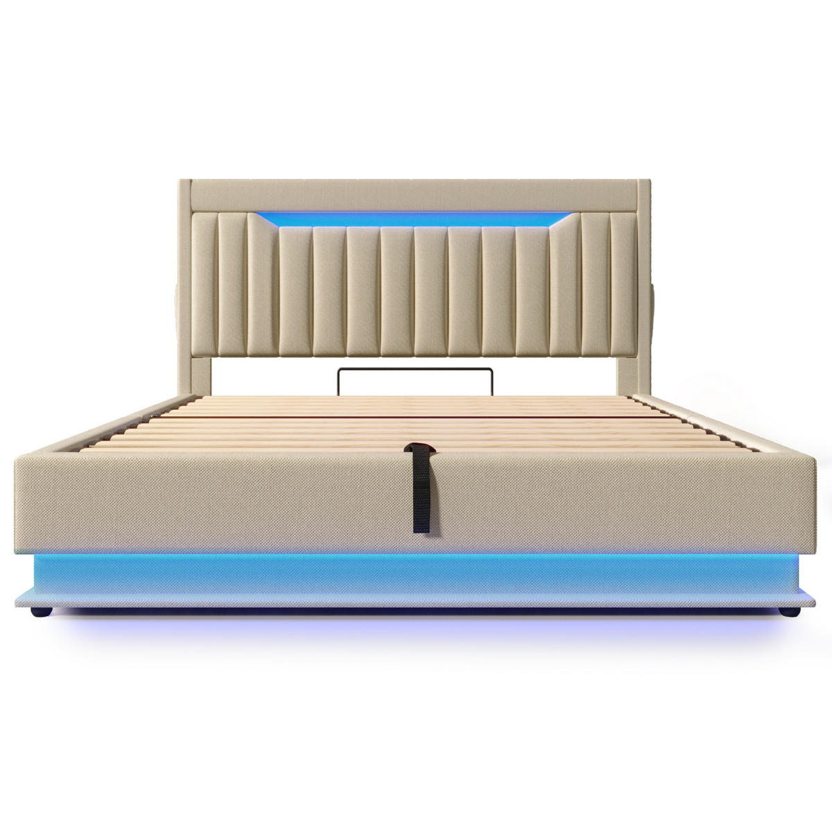 POLSTERBETT aus Leinen 140x190 cm Beige mit LED-Beleuchtung, USB-/Typ-C-Anschlüssen und Bettkasten - Beige, Textil (140/190cm) - IVMEU