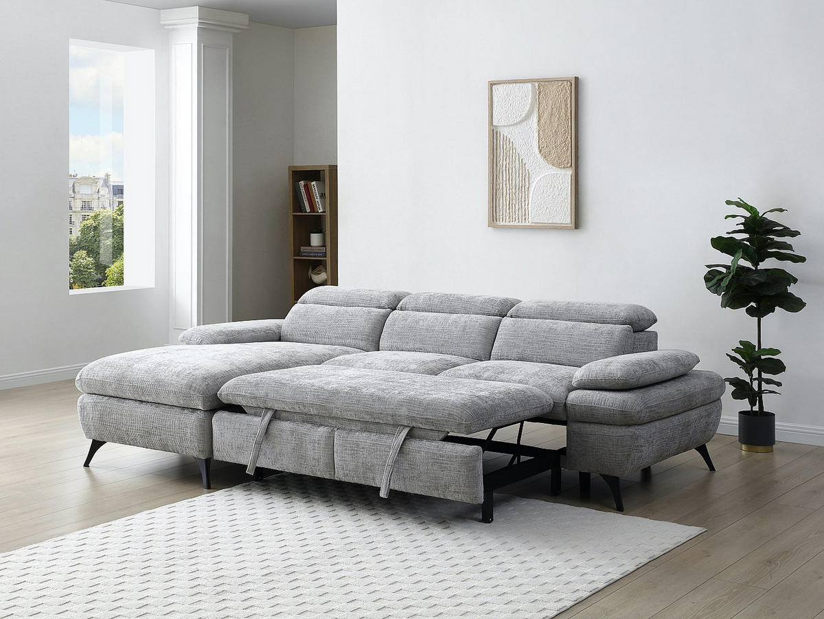 ECKSOFA mit Schlaffunktion mit Bettkasten - Ecke links - Strukturstoff - Grau - MORAVA - Grau, Textil (284/176cm) - Vente-Unique