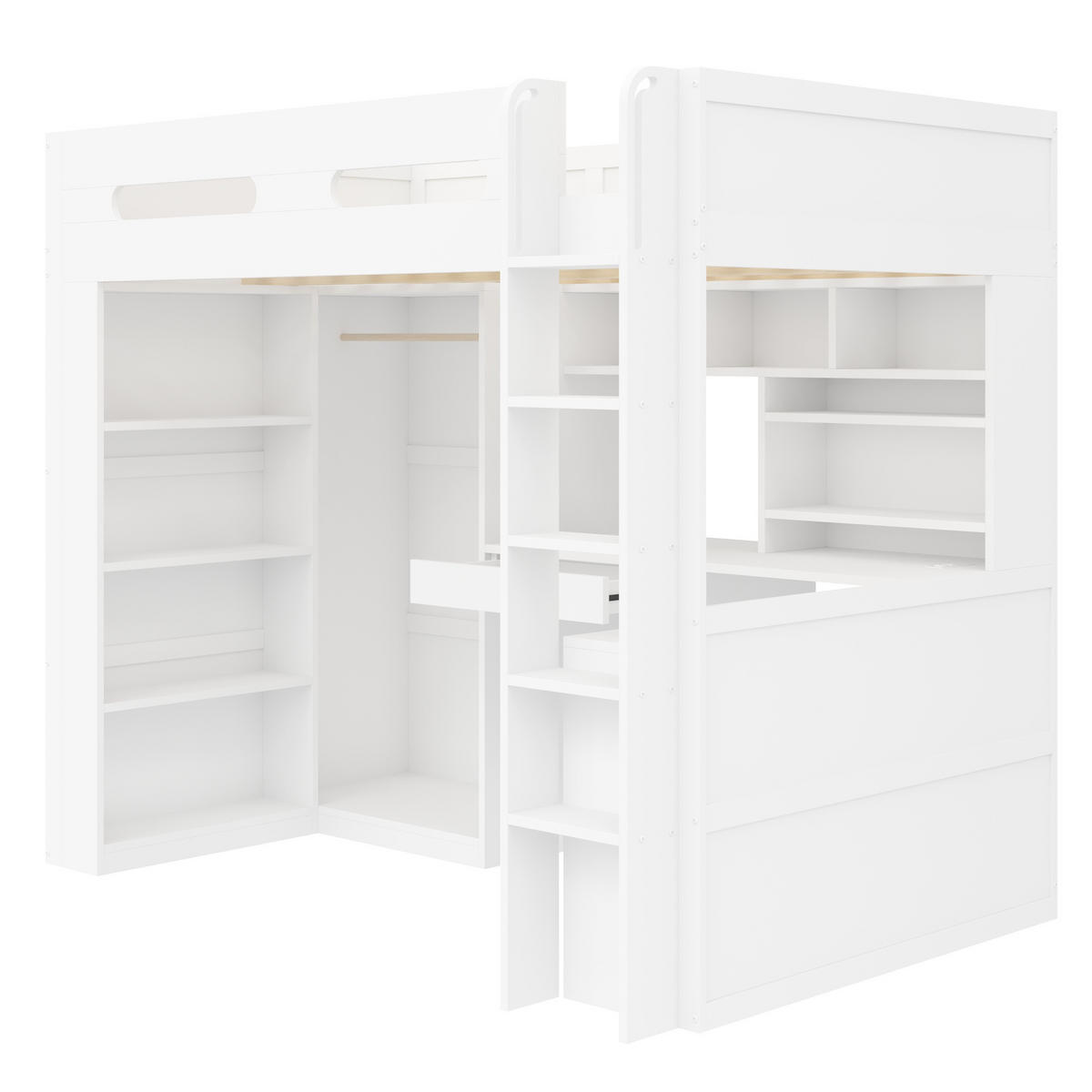 HOCHBETT weiß 90 × 200 cm aus Kiefernholz‑MDF mit einer Schublade, Kleiderschrank, LED‑Beleuchtung und USB‑Anschluss - Weiß, Holzwerkstoff (90/200cm) - Luhomfu