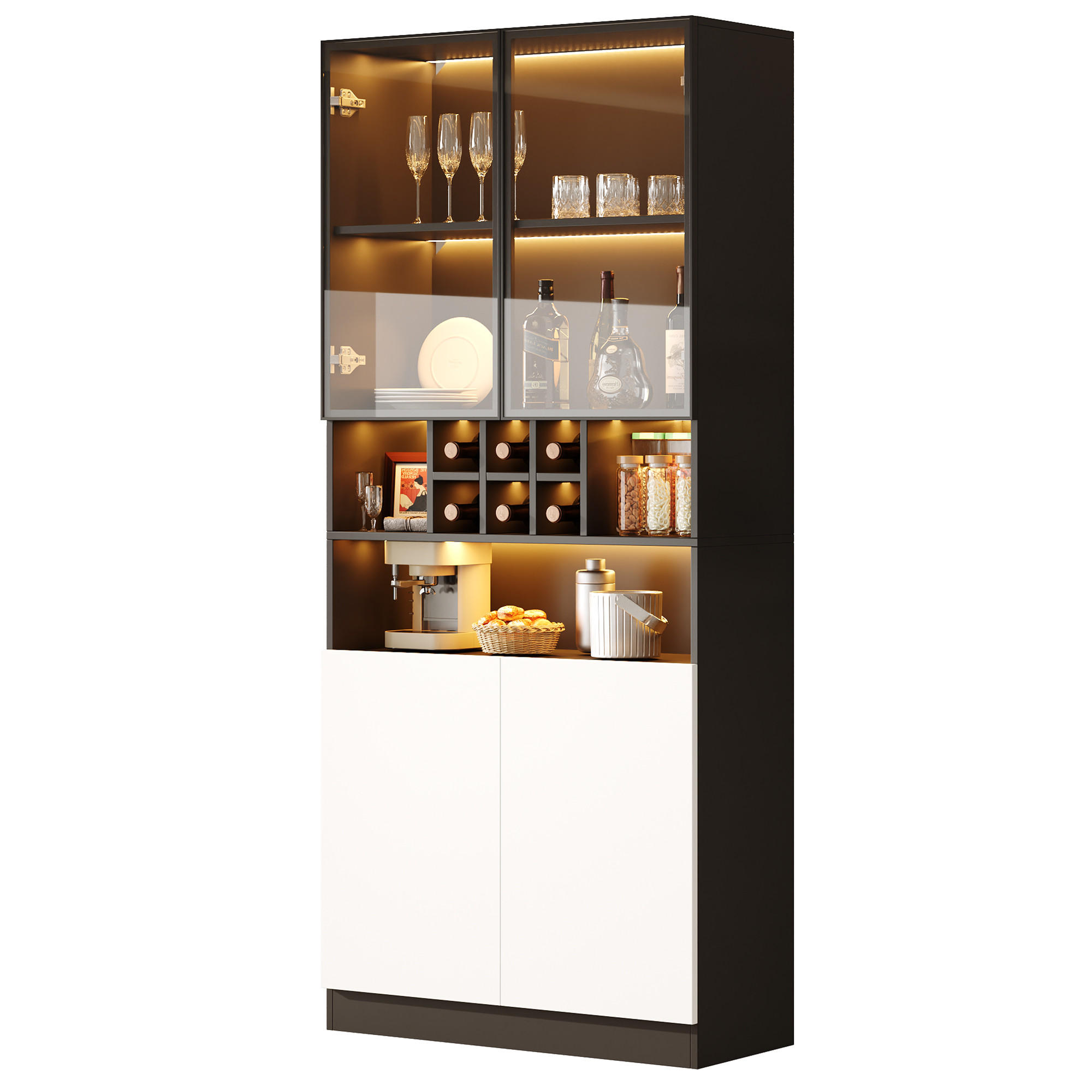 VITRINE 80x30x180 cm mit LED und 2 Glastüren - Schwarz, Holzwerkstoff (80/180/30cm) - FLIEKS