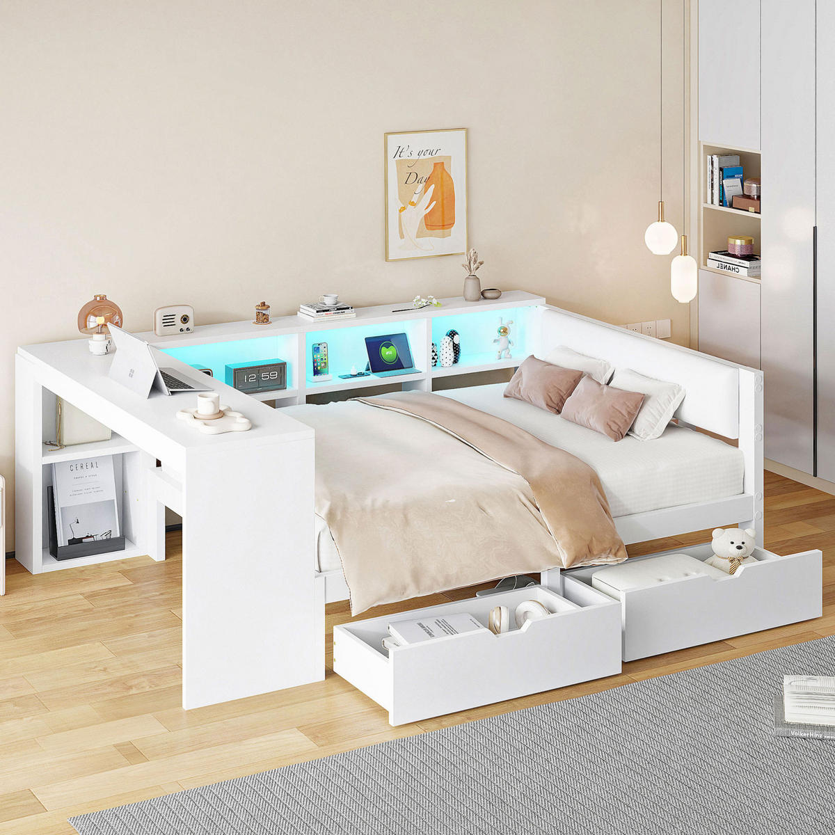 BETT 140/200 cm in Weiß mit gepolstertem Kopfteil, Schubladen und LED - Weiß, Holzwerkstoff (140/200cm) - BEAOK