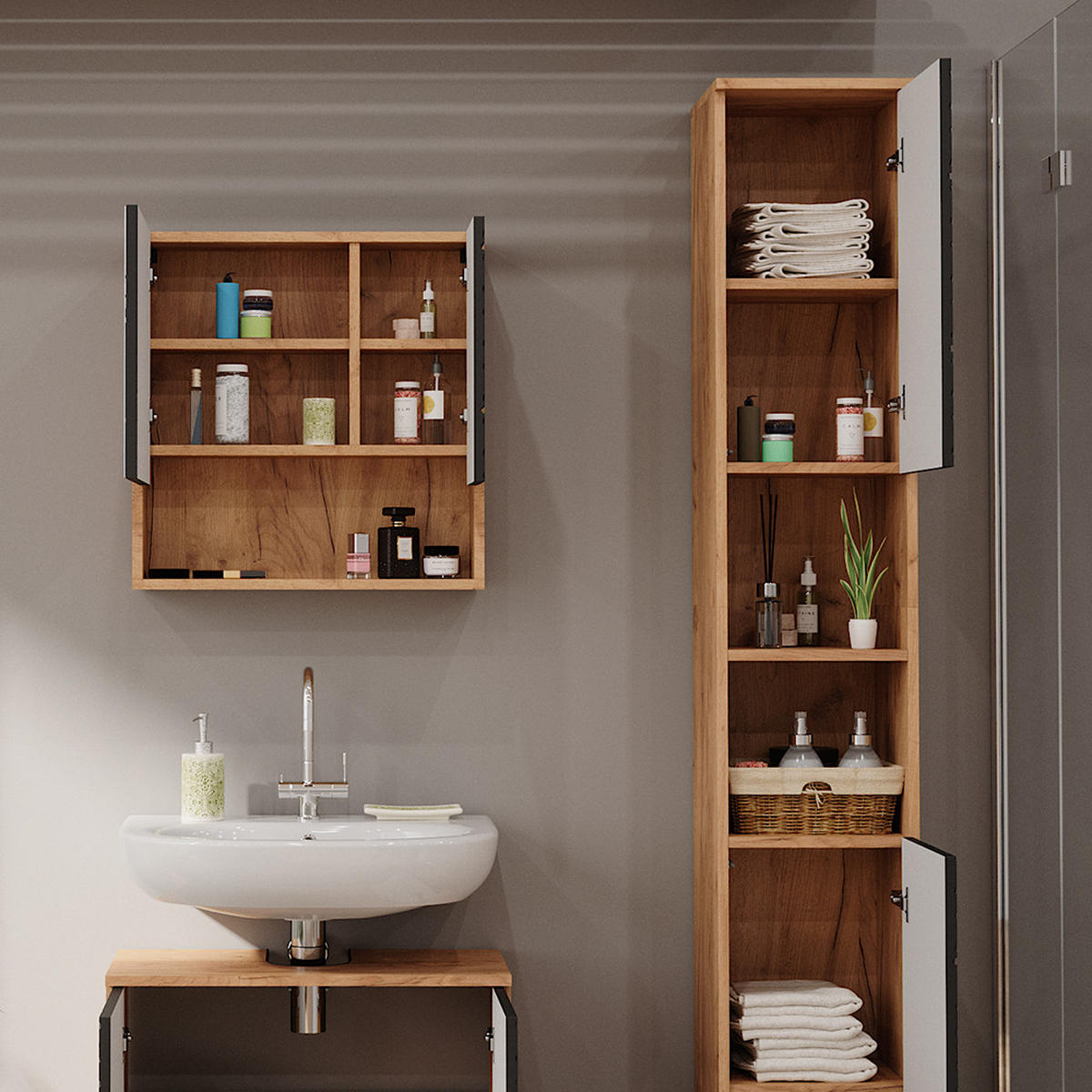 BADSCHRANK Irma Anthrazit gestreift 30 x 192 cm - Anthrazit/Eiche Wotan, Holzwerkstoff (30/192/30cm) - Vicco