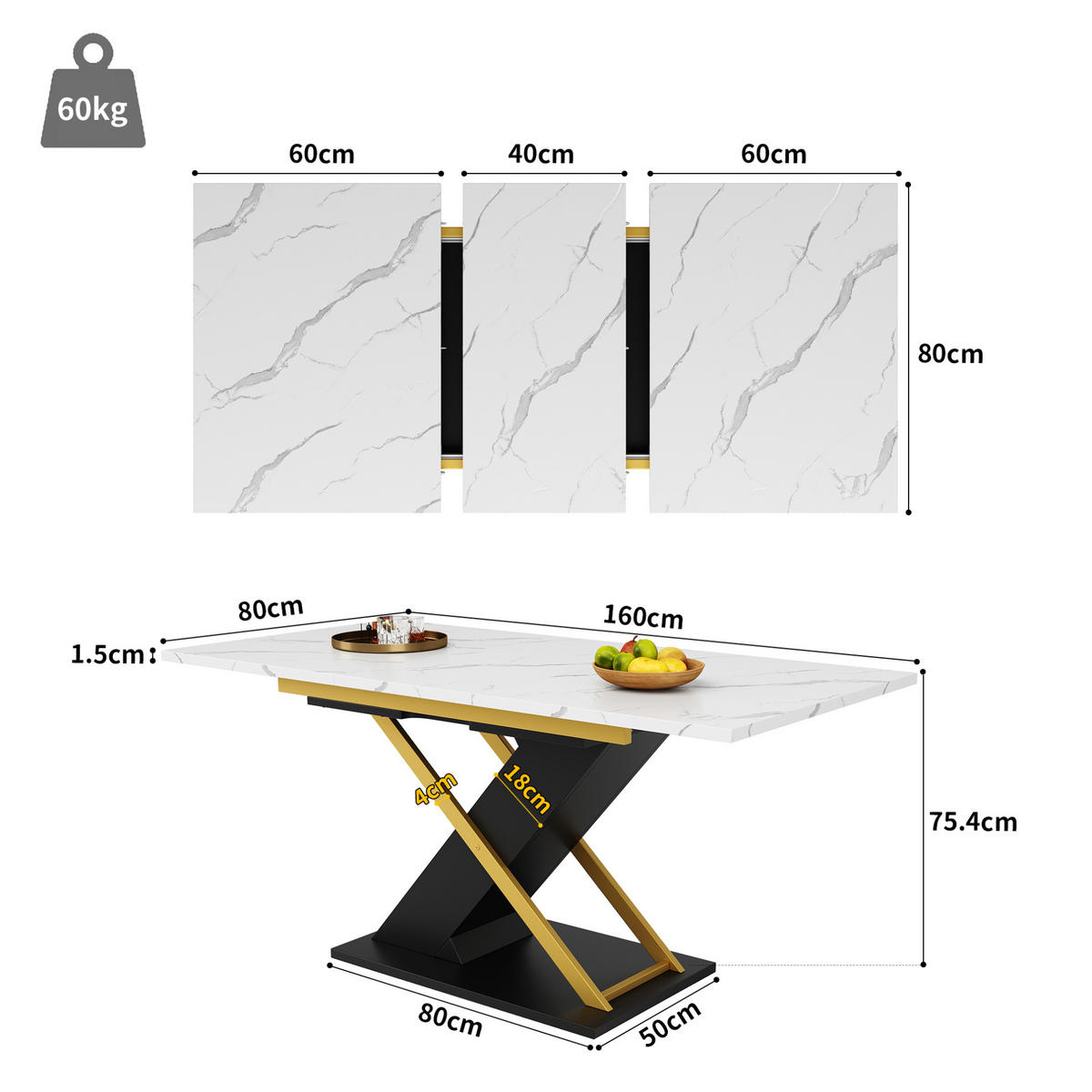 AUSZIEHTISCH 120-160/80/75,4 cm in Schwarz mit Marmormuster - Schwarz, Holzwerkstoff (160/80/75.4cm) - BEAOK