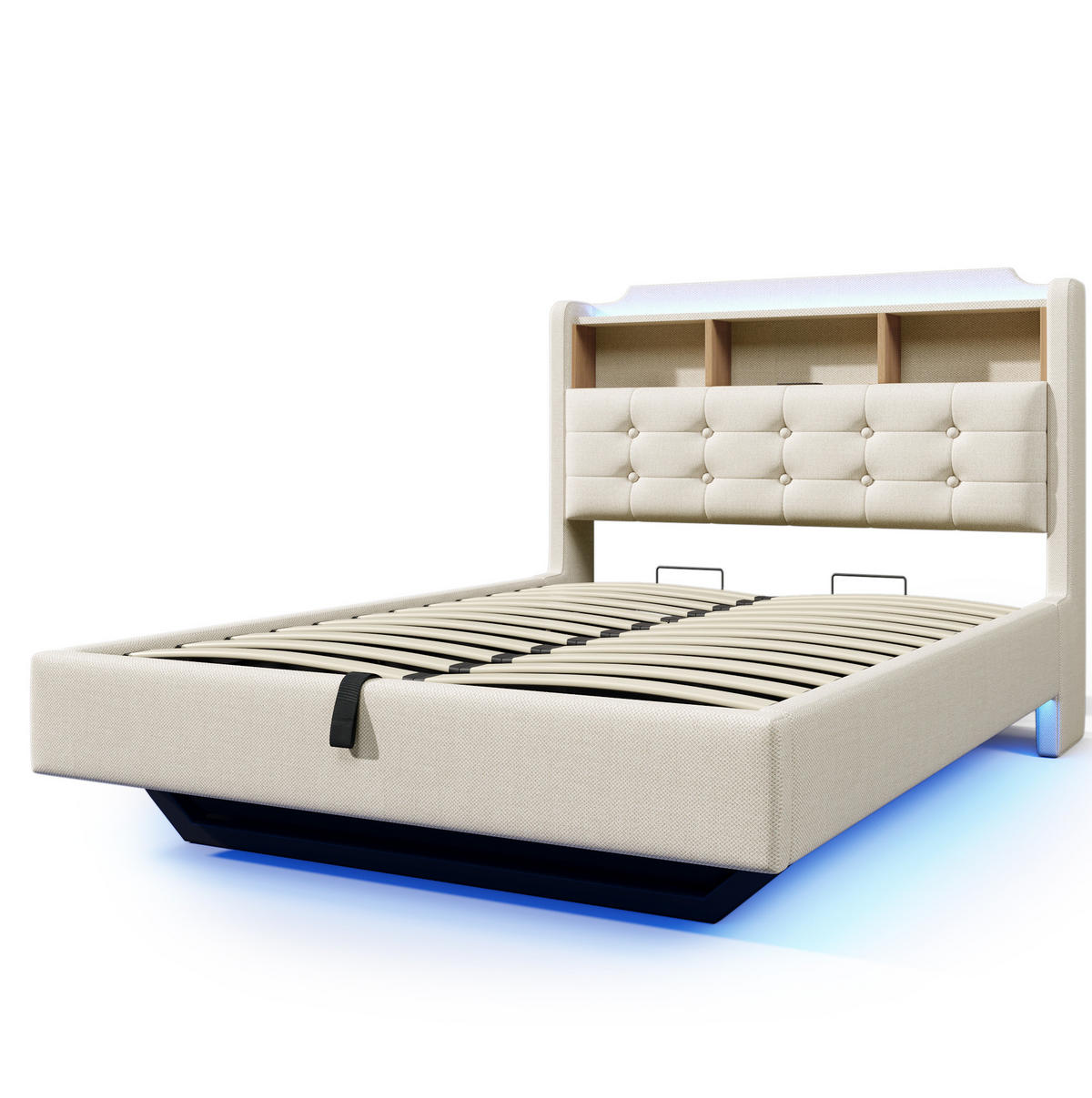 POLSTERBETT 140/200 cm Beige mit LED-Beleuchtung und hydraulischem Stauraum - Beige, Textil (140/200cm) - OKWISH