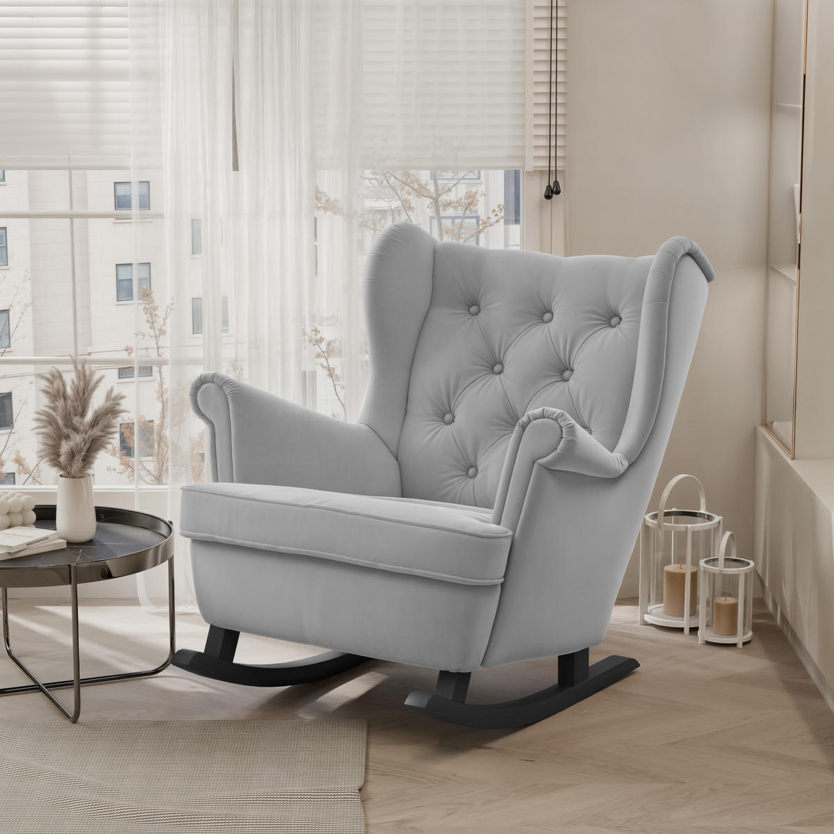 SCHAUKELSESSEL SCANDI Holzfüße, Samt Grau - Grau, Holz/Textil (75/97/60cm) - Idohome