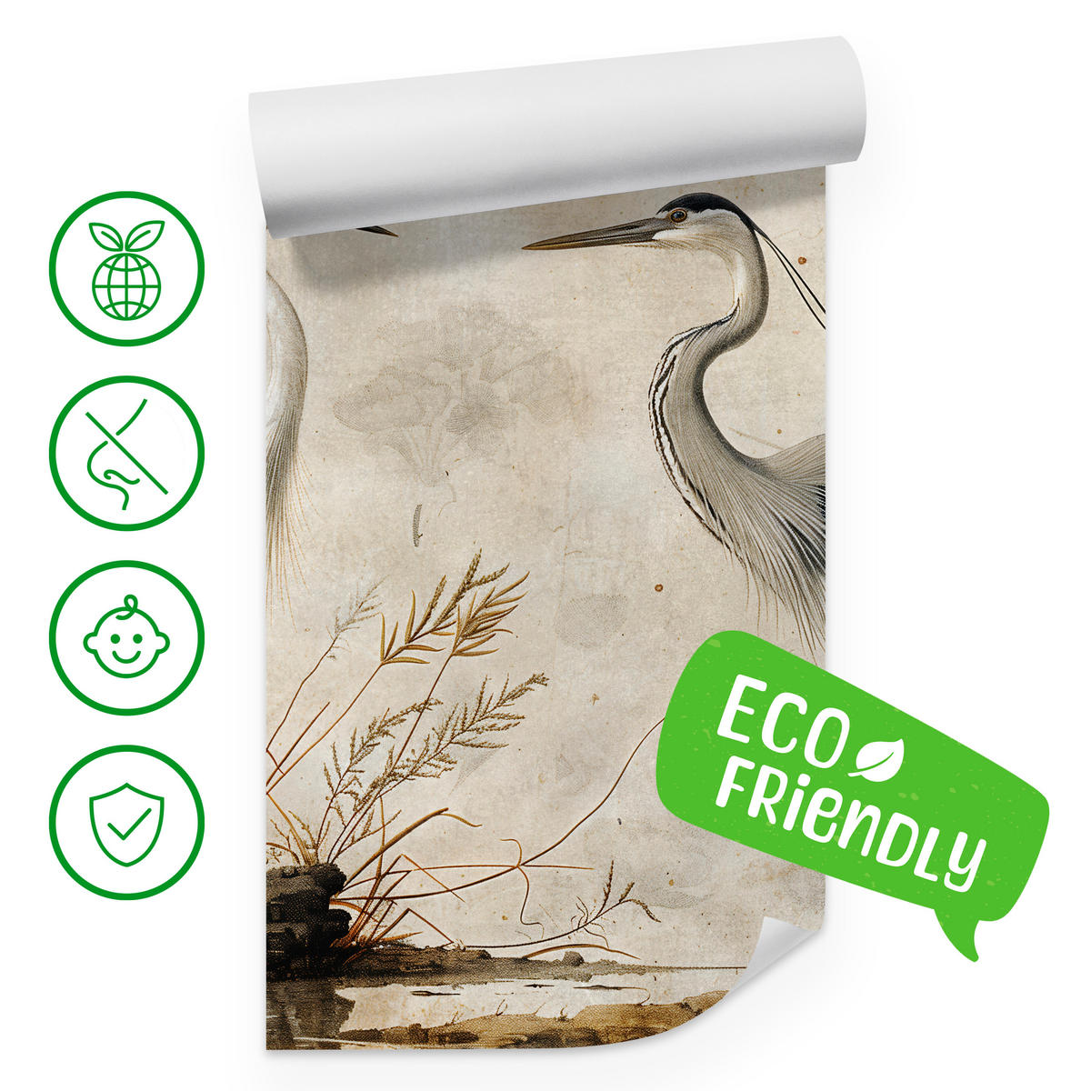 FOTOTAPETE Vögel Vögel Kranich Reiher Retro Stil 200x140 - Beige/Rot, Papier (200/140cm) - Muralo