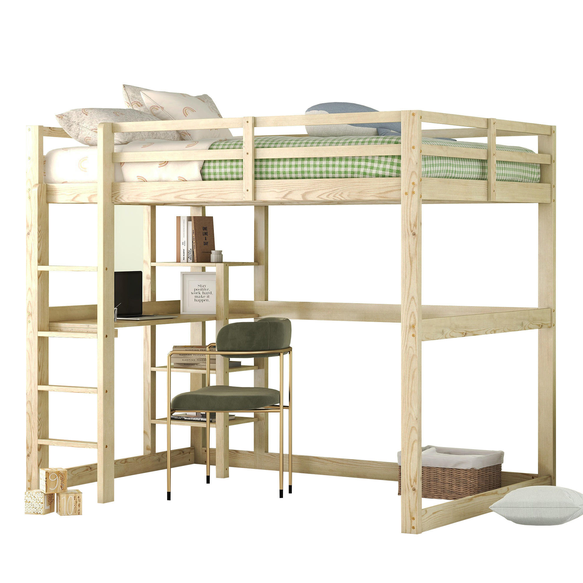 HOCHBETT 140/200 cm aus Kiefer mit Schreibtisch und 4 Ablagefächern - Naturfarben, Holz (140/200cm) - Flora Grace