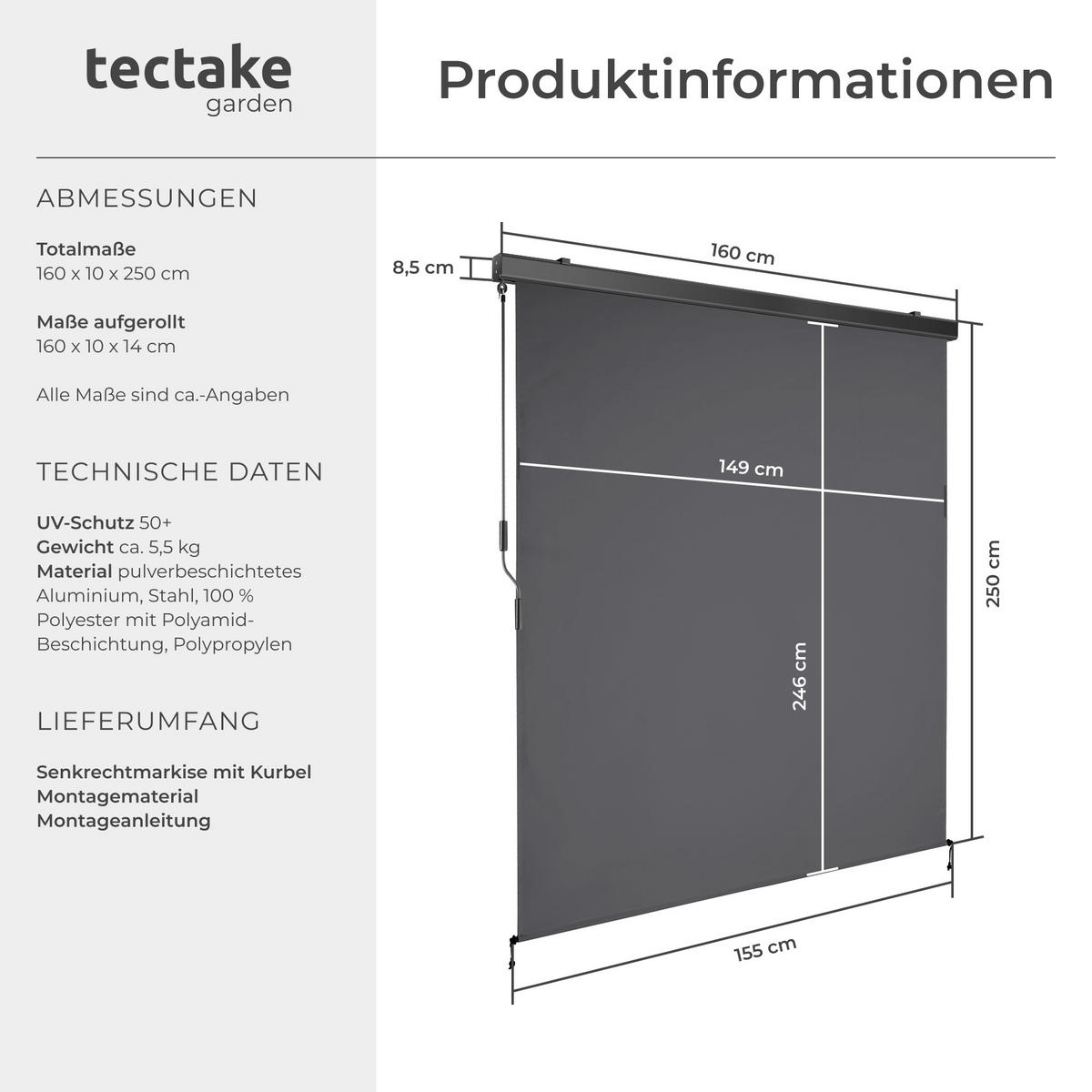 SENKRECHTMARKISE Eloise,inkl. Wandhaltern,dunkelgrau - Dunkelgrau, Kunststoff (160/250cm) - tectake