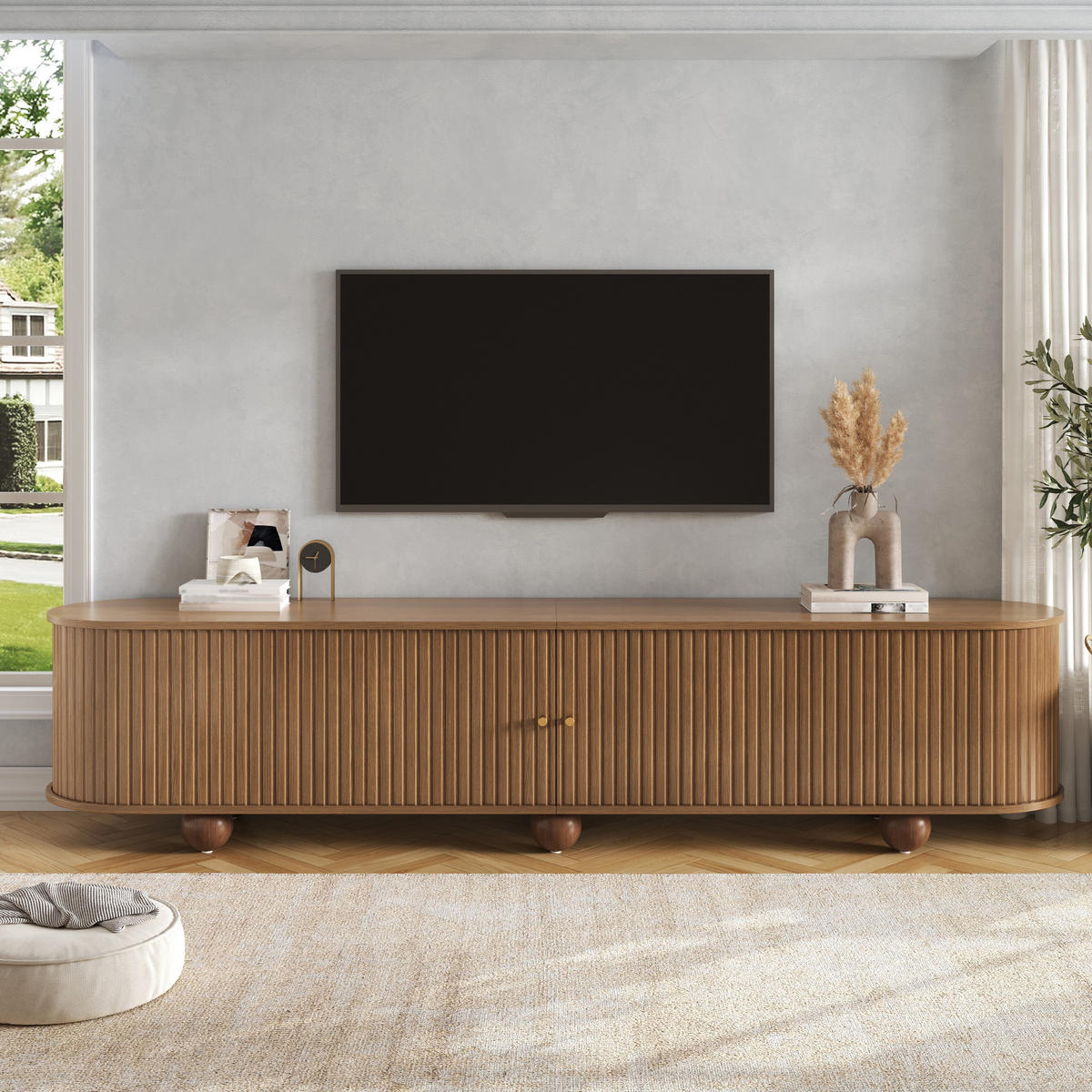 TV-LOWBOARD Rund Rillenoptik Schiebetüren Retro Kugelfüße - Walnussfarben, Holzwerkstoff (180/45/35cm) - FLIEKS