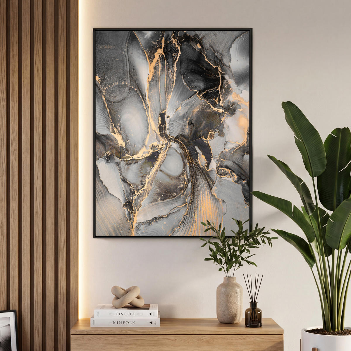 LEINWAND Bilder mit Rahmen - Grau - Luxus - Gold - Marmor - 70x100 - Dunkelgrau, Textil (70/100cm) - MuchoWow