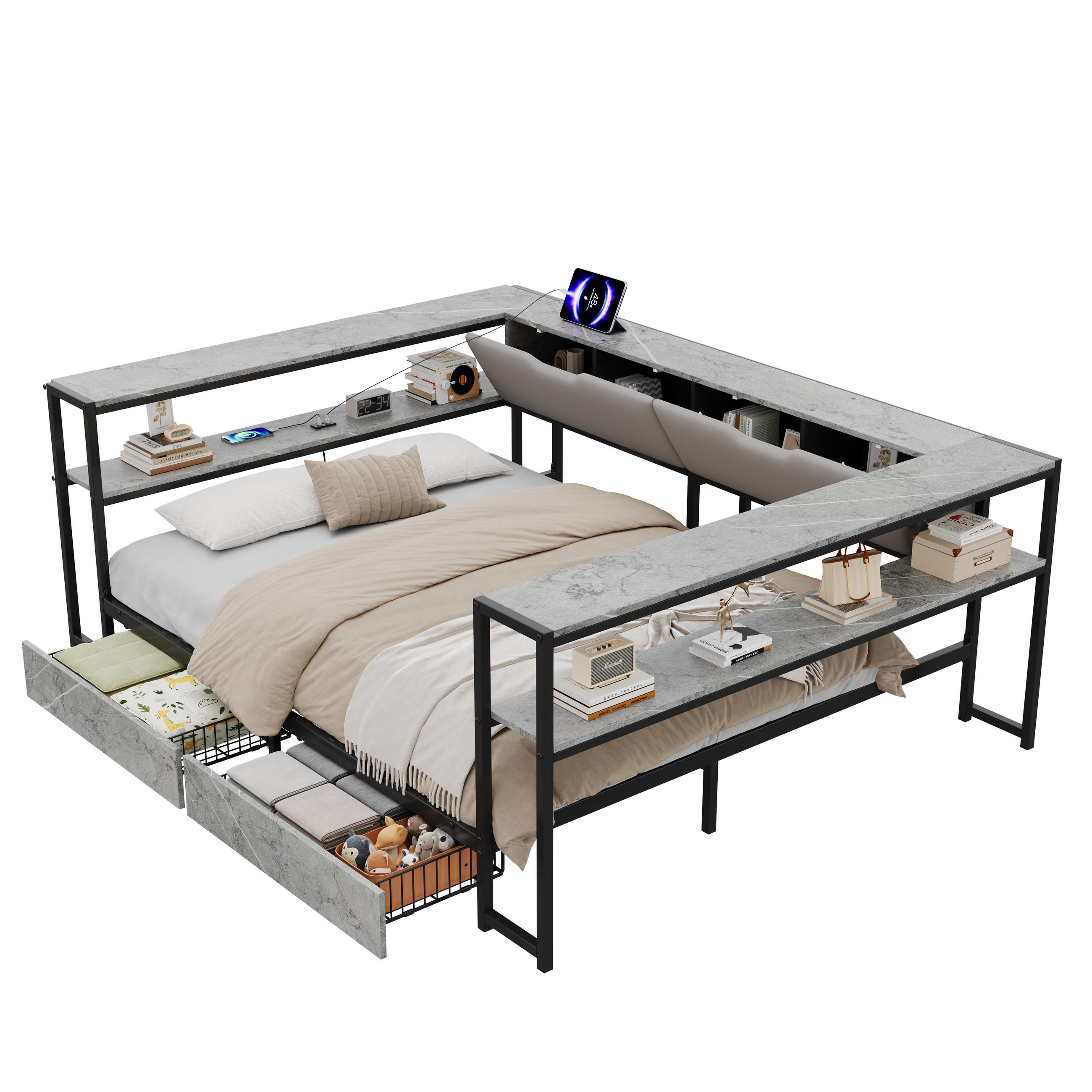 FLIEKS DAYBED 140x200 Beton USB-C Zásuvky Úložný Prostor