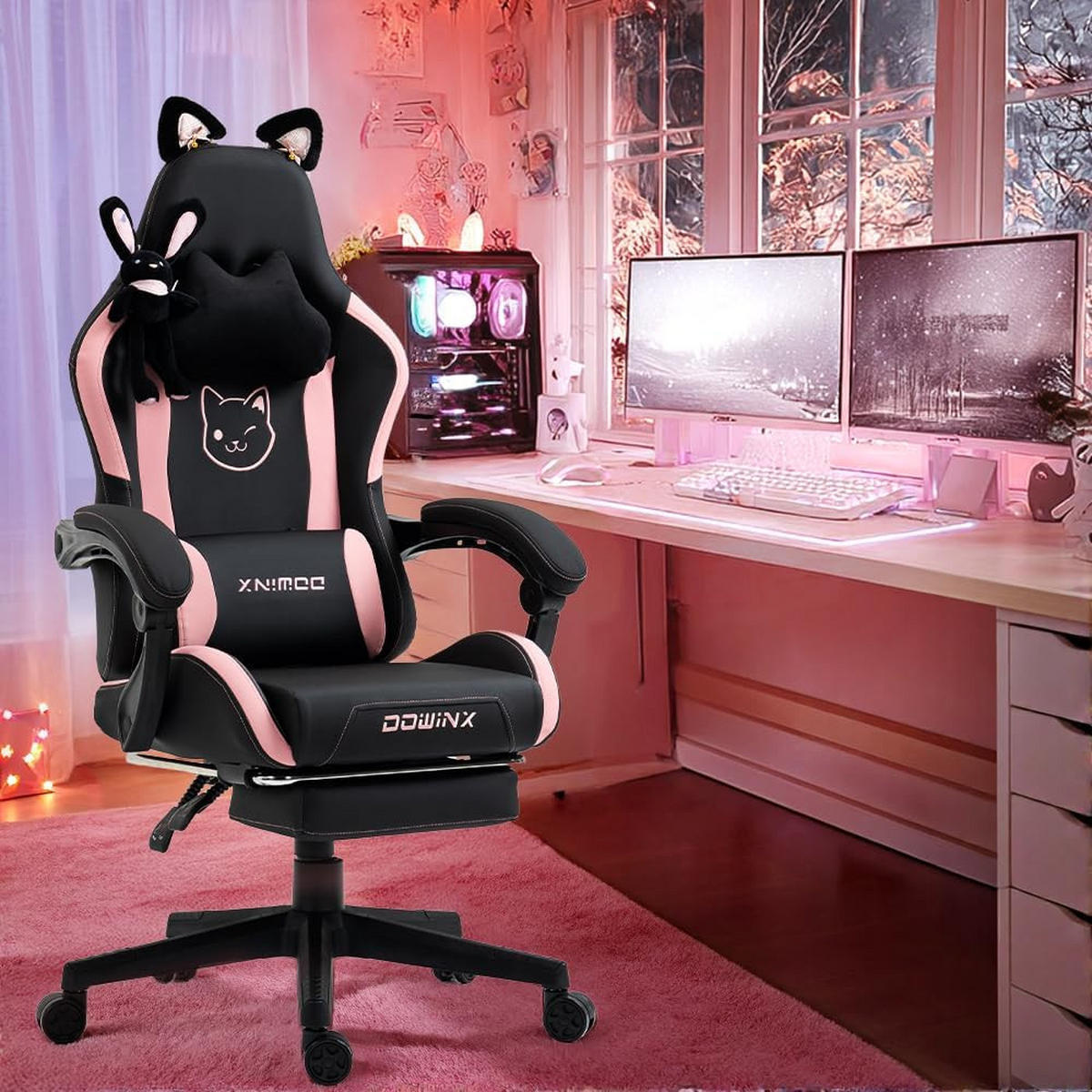 GAMING Stuhl & Lendenwirbelstütze/Hoher Rückenlehne/Fußstütze PU-Leder - Rosa, Leder (72/118/72cm)