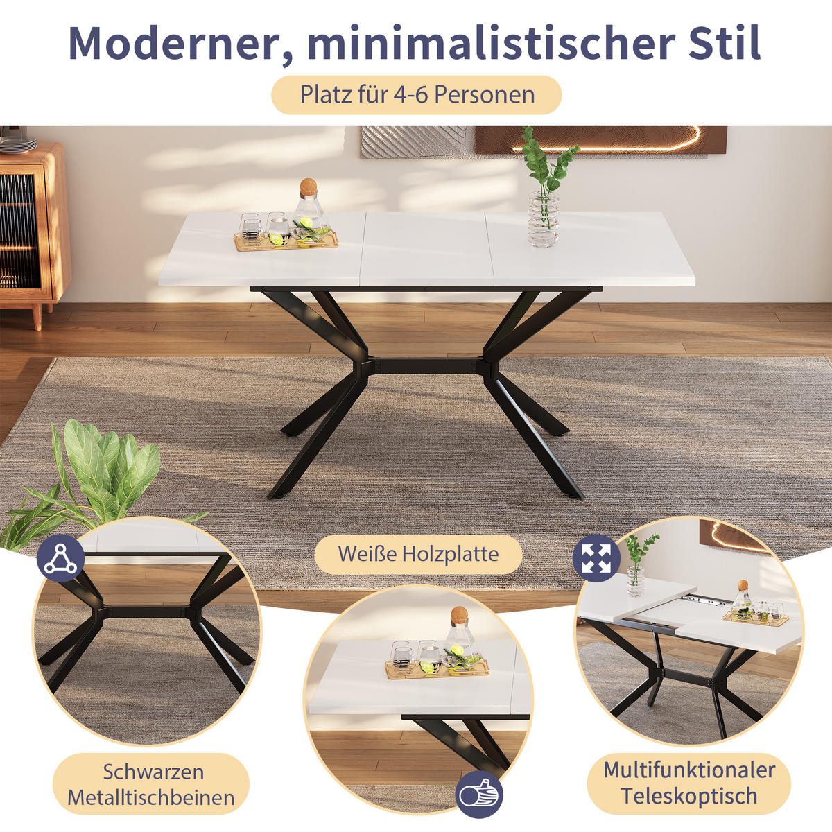 ESSTISCH Erweiterbar Weiss Schwarz Metallbeine 120-160x80cm - Weiß, Holzwerkstoff (160/80/75cm) - FLIEKS