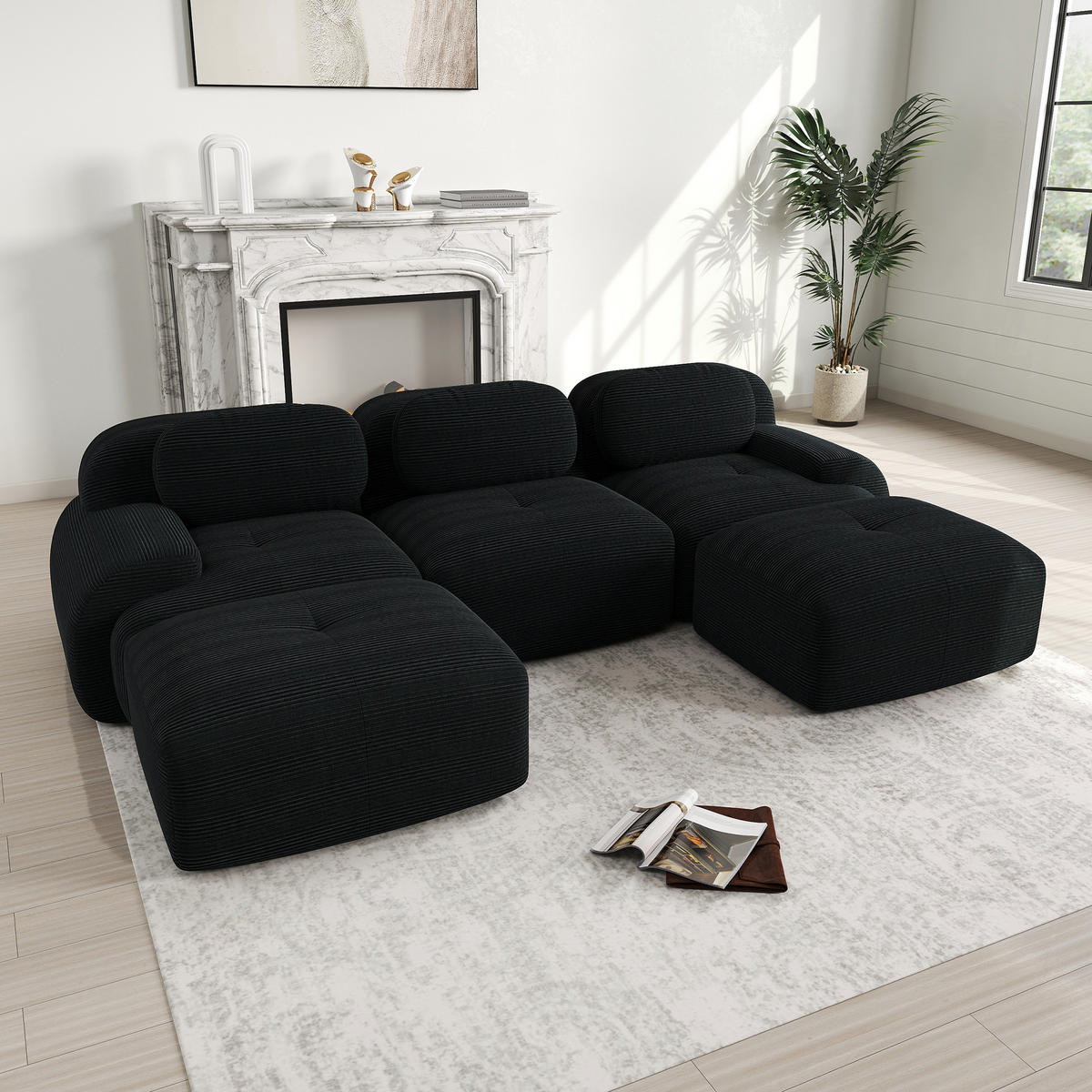 WOHNLANDSCHAFT Cord Schwarz montagefrei und rutschfest - Schwarz, Textil (298/75/178cm) - WISHDOR