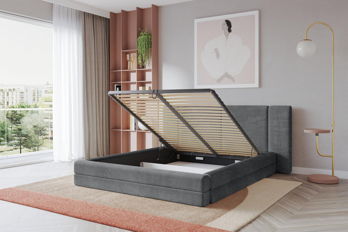 POLSTERBETT mit Bettkasten und Lattenrost, Boxbett ohne Matratze - TEVO 140x200 Dunkelgrau - Graphitfarben, Holzwerkstoff/Textil (140/200cm) - ALTDECOR