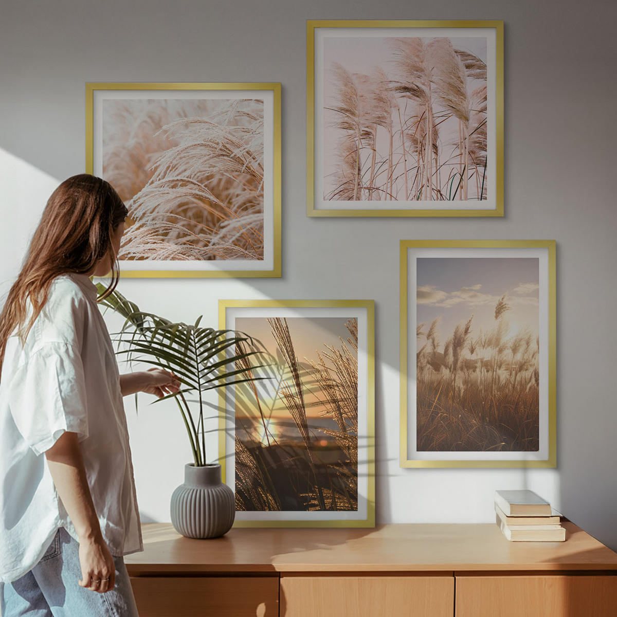 BILDER SET 4er Set - 50x50 cm & 40x60 cm Goldrahmen - Boho-Grasfeld-Sonnenuntergang - Goldfarben, Kunststoff (50/50cm) - TULUP