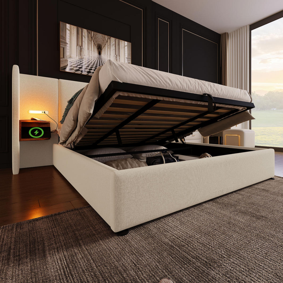 POLSTERBETT 160/200 cm Beige Leinen mit Nachttisch, Leselampe und USB Type-C Ladefunktion - Beige, Holz/Textil (160/200cm) - Oxeza