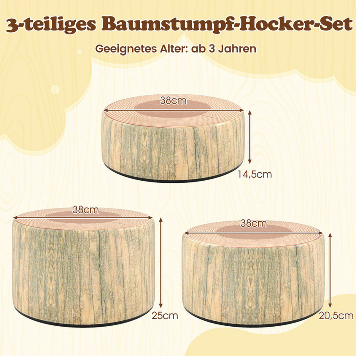 KINDERSITZGRUPPE aus Holz mit Muster grün(3-tlg) - Grün, Leder (38/25/38cm) - COSTWAY