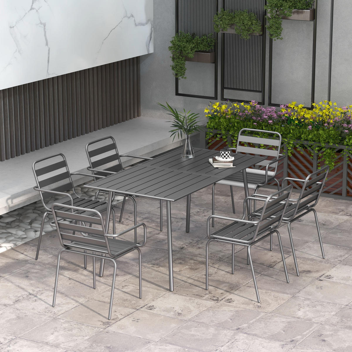 GARTENTISCHGRUPPE DE-18092 7-teilig, stapelbar Dunkelgrau - Grau, Metall - ComfortXL