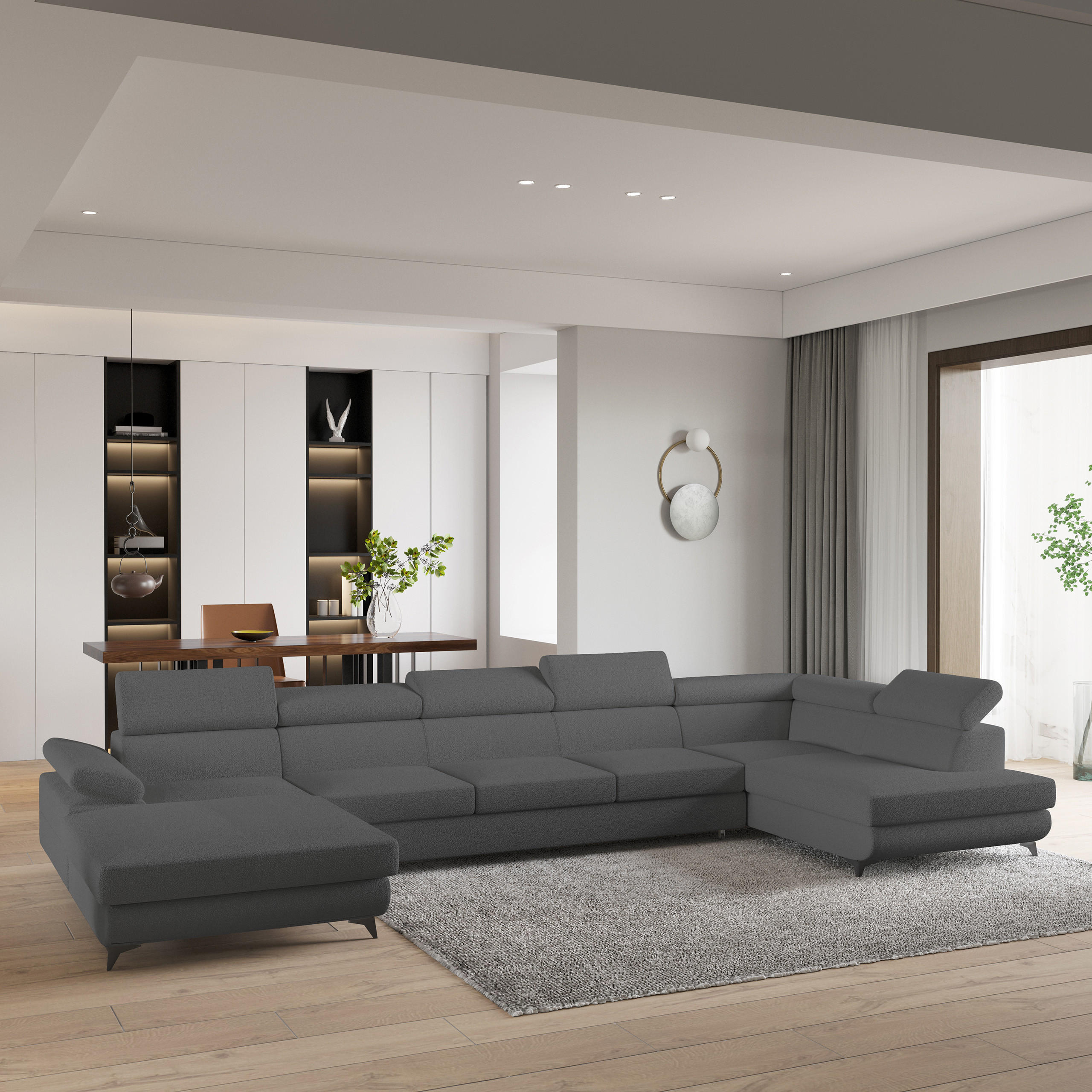 WOHNLANDSCHAFT MONTIVA Grau Boucle-Stoff mit Schlaffunktion - Grau, Holz (410/89/190cm) - MASSENO