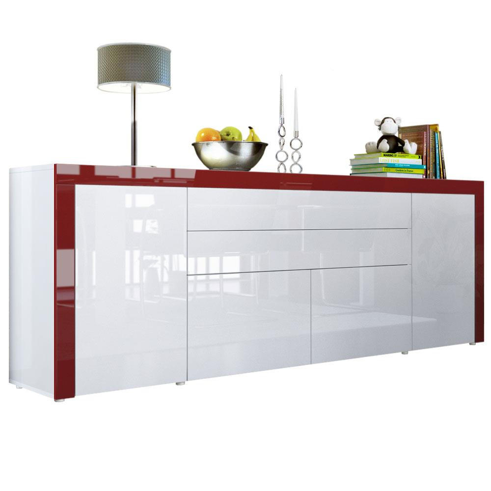Vladon Sideboard Weiß Hochglanz, Rot 200x72x35 cm