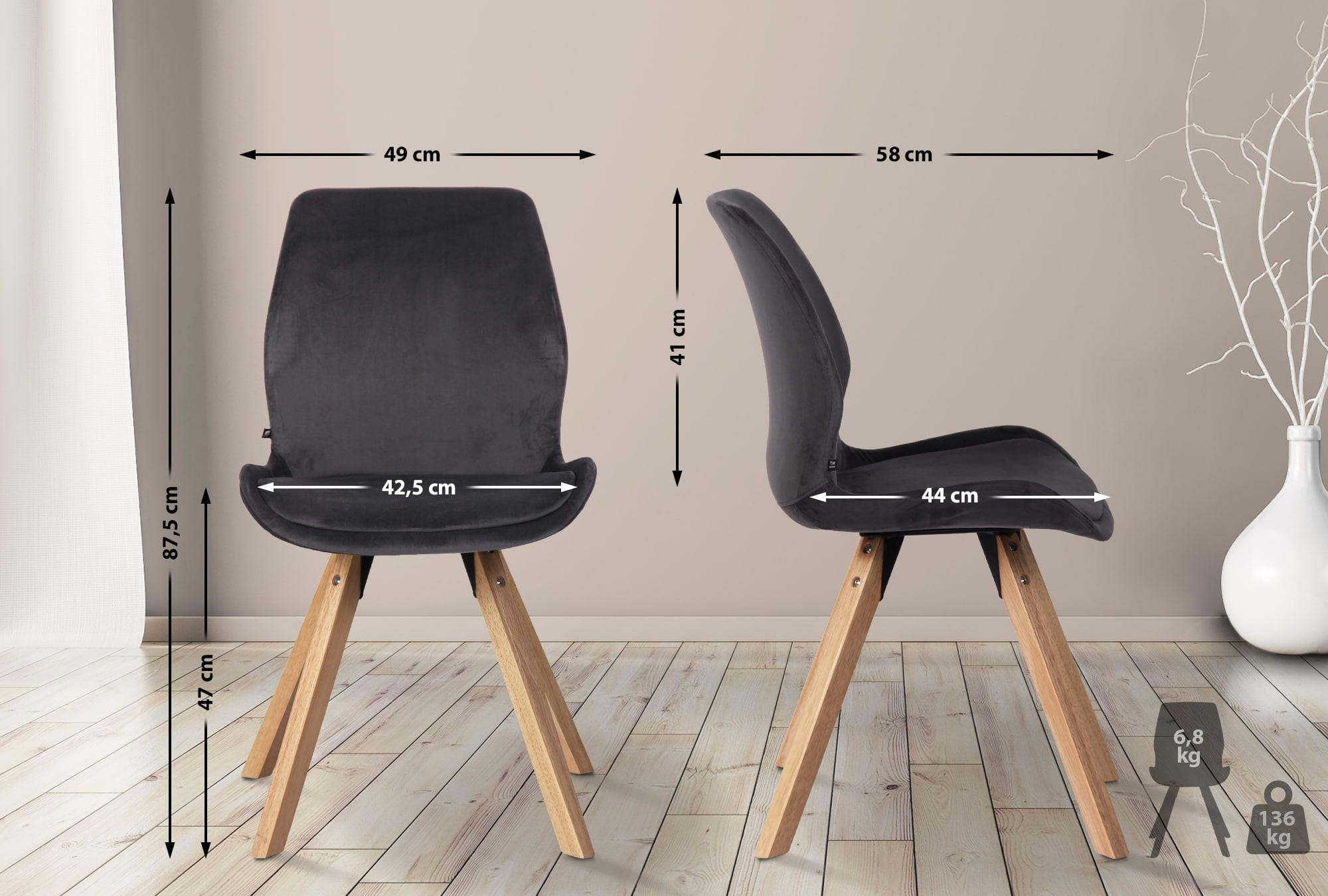 STUHL 4er Set Samt dunkelgrau - Eukalyptusholzfarben/Dunkelgrau, Holz/Textil (49/87.5/58cm) - CLP