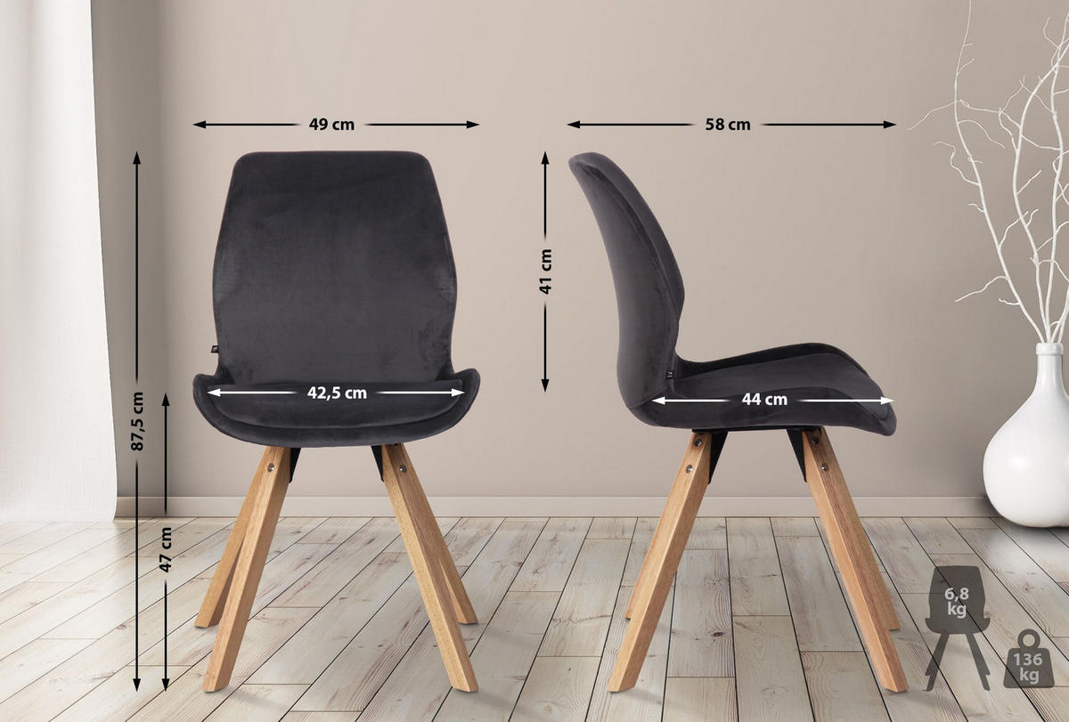 STUHL 4er Set Samt dunkelgrau - Eukalyptusholzfarben/Dunkelgrau, Holz/Textil (49/87.5/58cm) - CLP