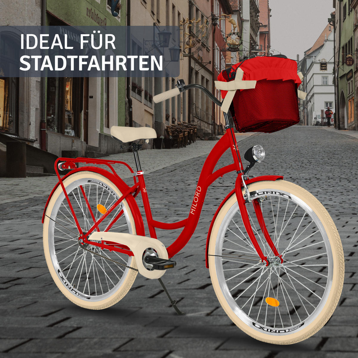 CITY-FAHRRAD Milord mit Metallkorb, 28 Zoll, Rot, 1-Gang - Rot, Metall (46cm) - Milordbikes