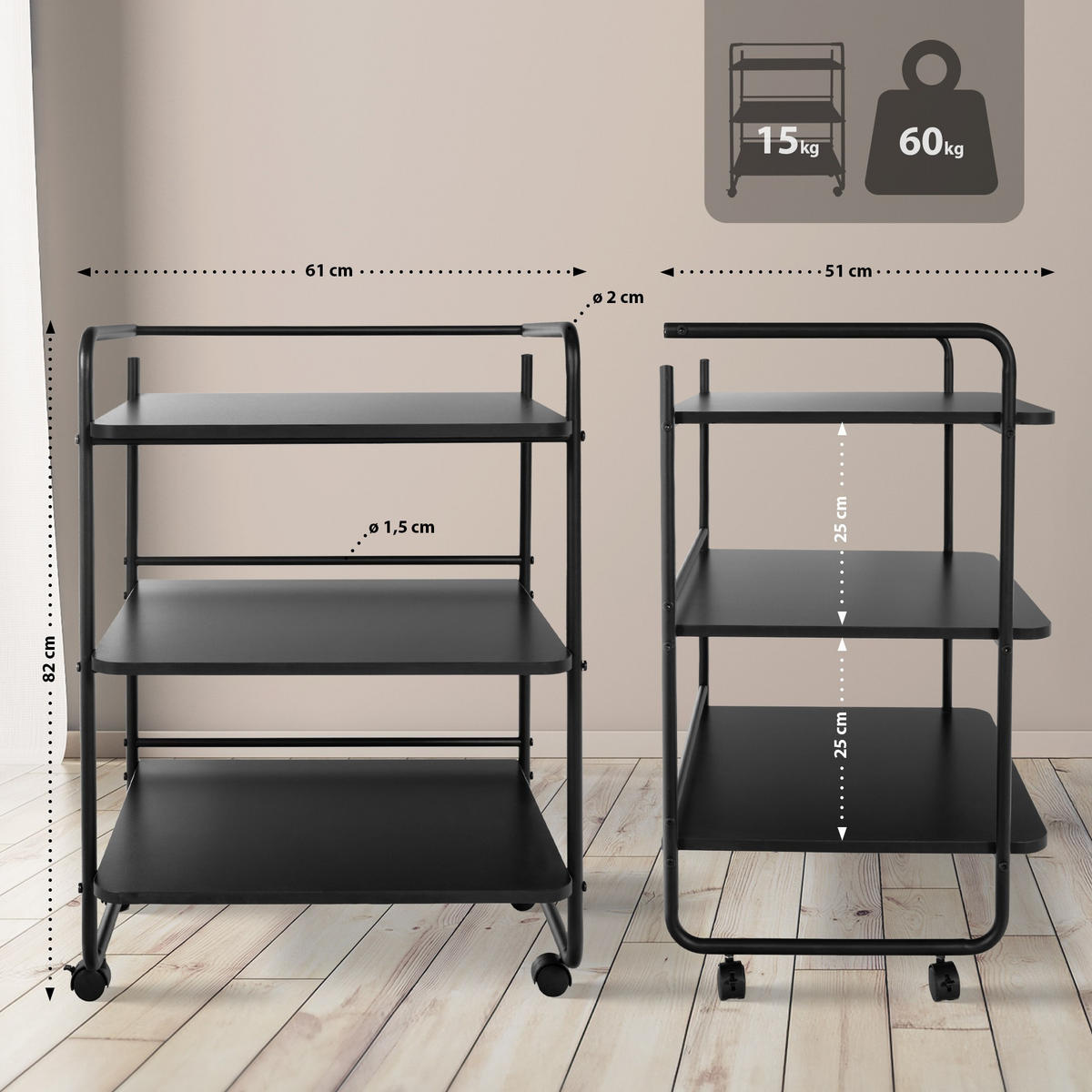 SERVIERWAGEN Metall Schwarz - Schwarz, Metall (61/82/51cm) - CLP