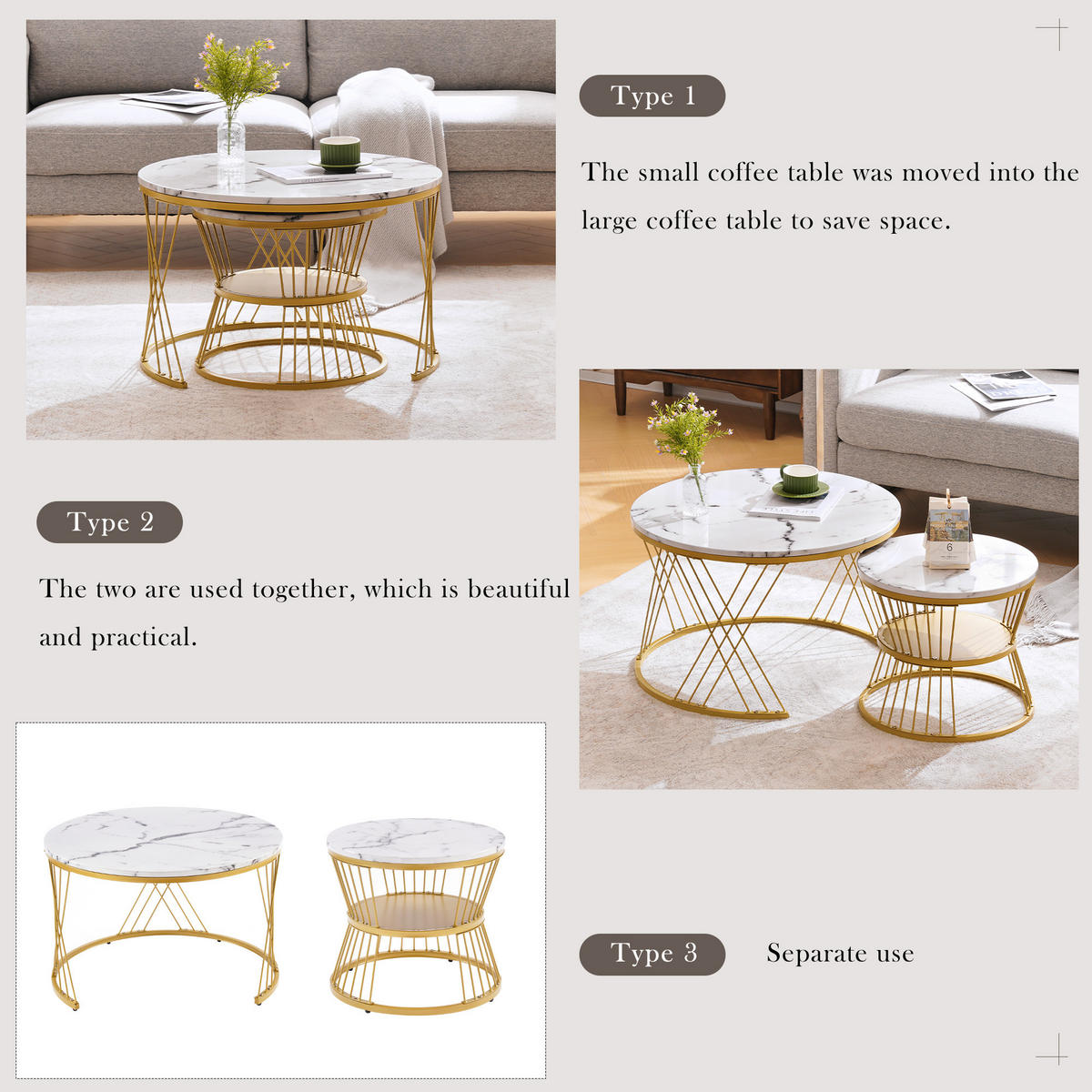 COUCHTISCH Weiß 2er-Set mit Marmoroptik und goldfarbenem Gestell - Weiß, Holzwerkstoff (70/70/45cm) - PANGIVO