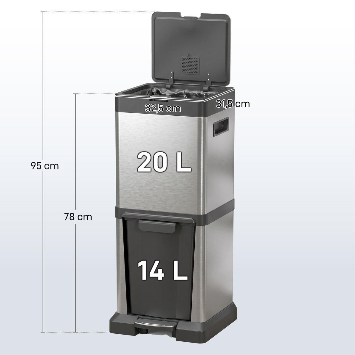 TRETMÜLLEIMER 20+14 L DE-08943 mit Fußpedal & Kippfach Silber - Silberfarben, Metall (31.5/78/32.5cm) - ComfortXL