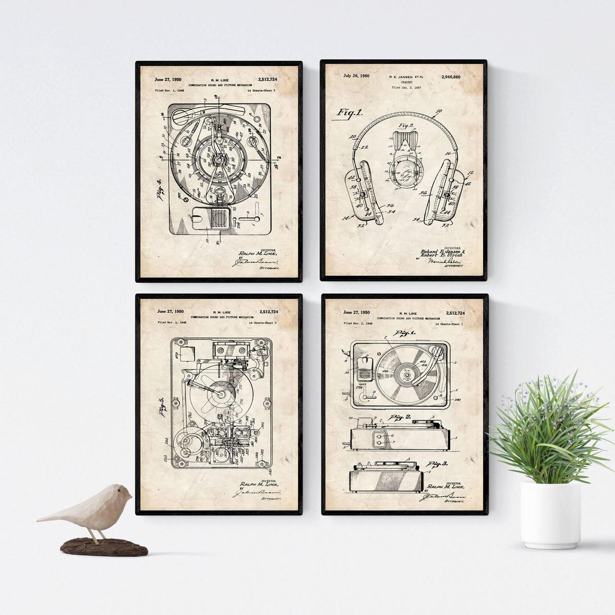 POSTER Set Mit 4 Mit Plattenspieler Patenten Größe A4 Rahmenlos - Klar, Papier (21/1/29.7cm) - Nacnic