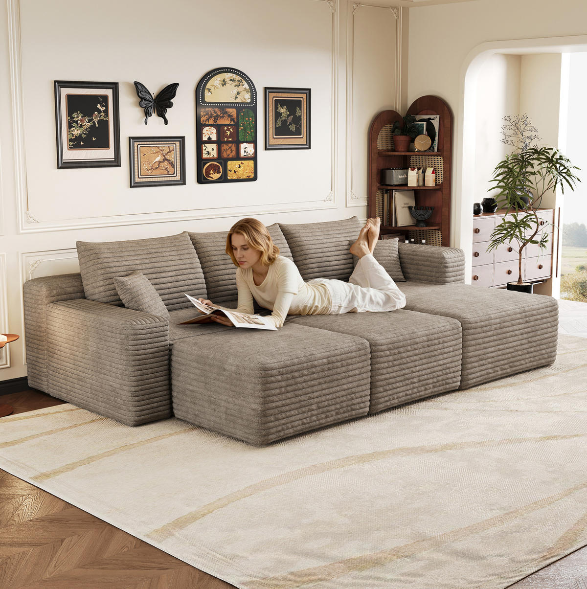 ECKSOFA 241/151/58 cm camel aus Stoff ohne Montage - Hellgrau, Textil (151/241cm) - OKWISH