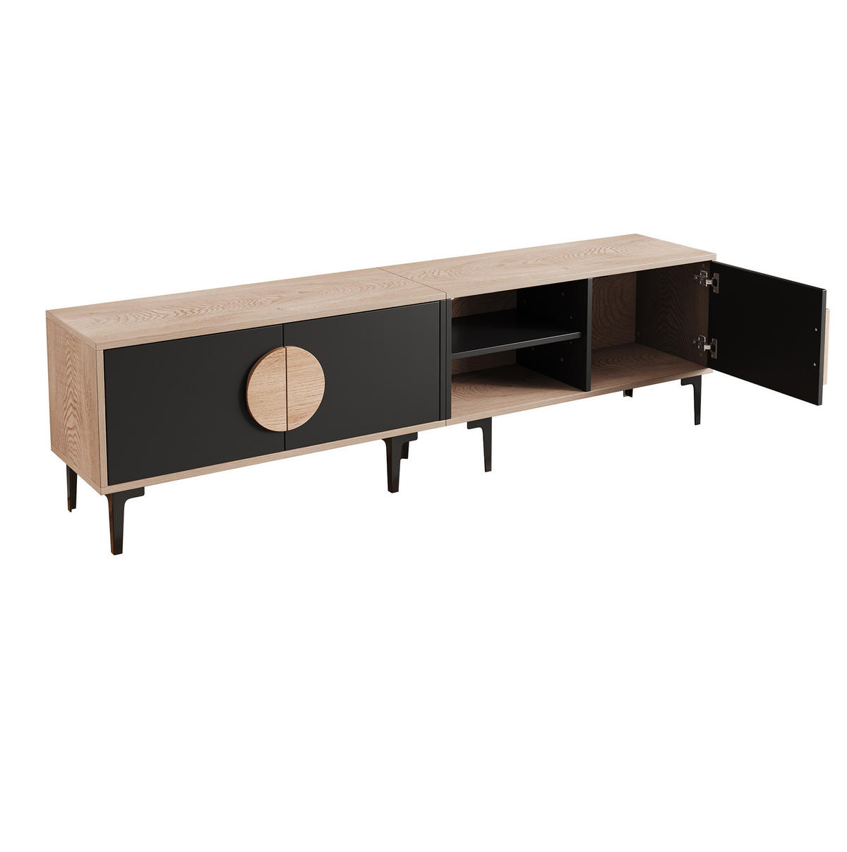 TV-LOWBOARD aus Spanplatte 180x35x49 cm Naturholz/Schwarz mit 3 Türen und offenen Fächern - Schwarz, Holzwerkstoff (180/49/35cm) - IVMEU