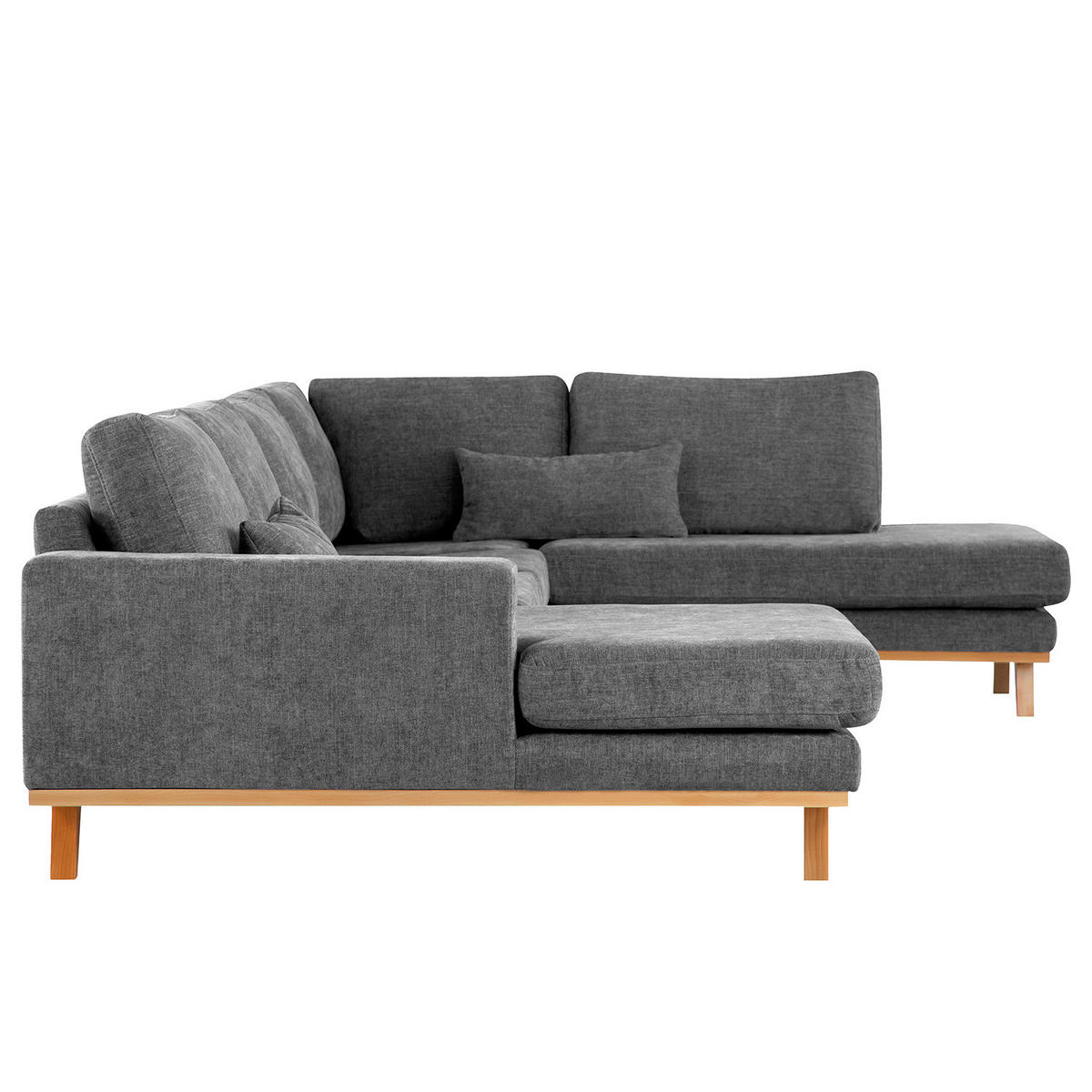 WOHNLANDSCHAFT mit Longchair - Dunkelgrau/Buchefarben, Buchenholz/Textil (371/81/219cm) - home24