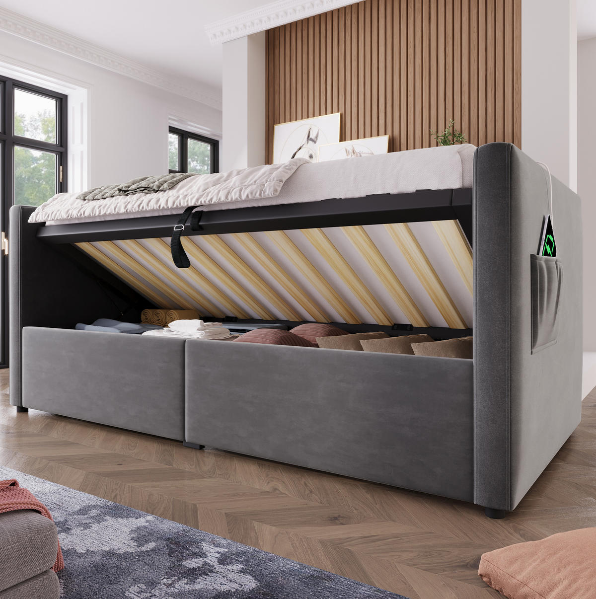 BETT 90/200 cm mit Bettkasten, USB & Type-C, inkl. Lattenrost, Grau - Grau, Textil (90/200cm) - BEAOK