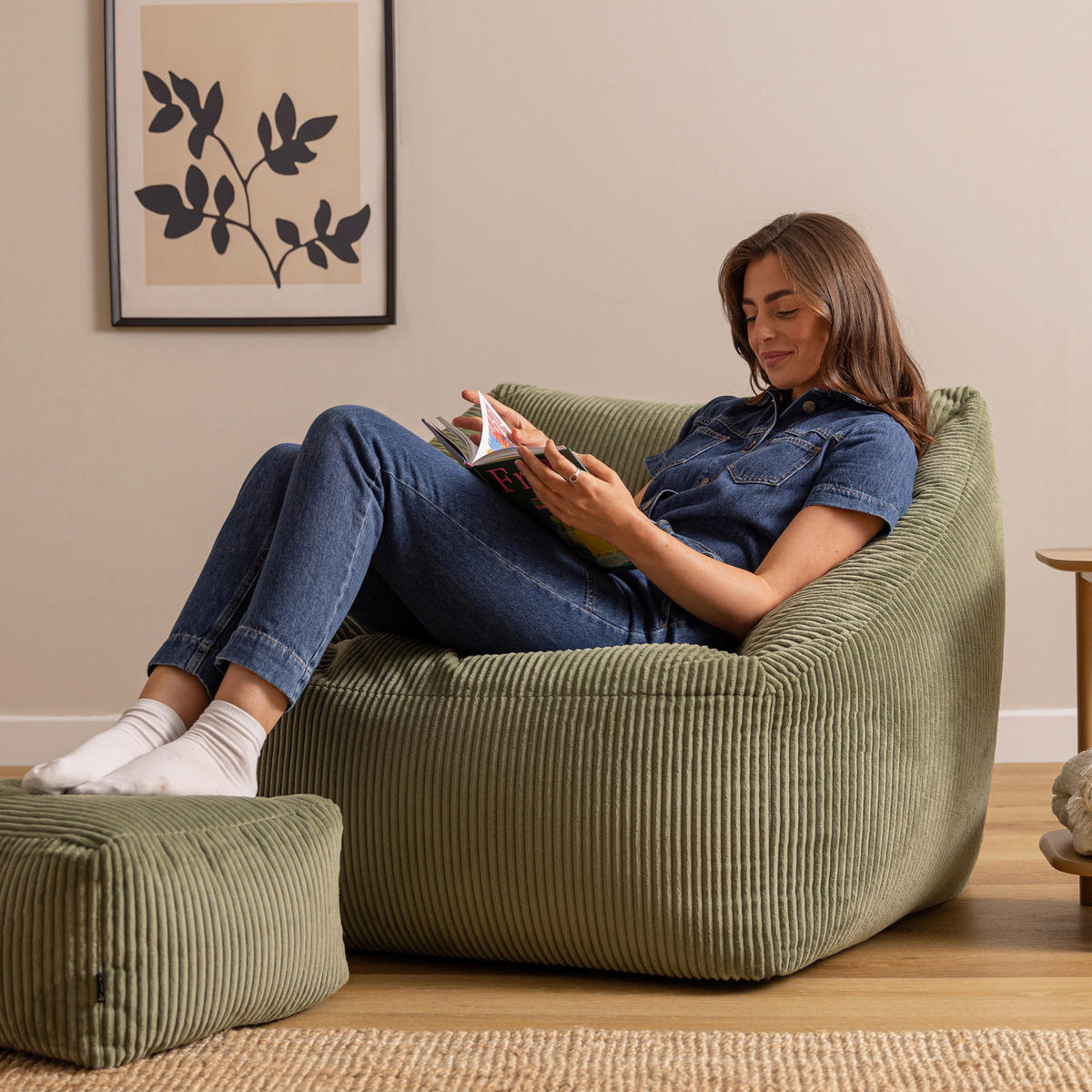 SITZSACK Cord Sessel Natalia mit Hocker - Salbeigrün, Textil (97/73/84cm) - icon