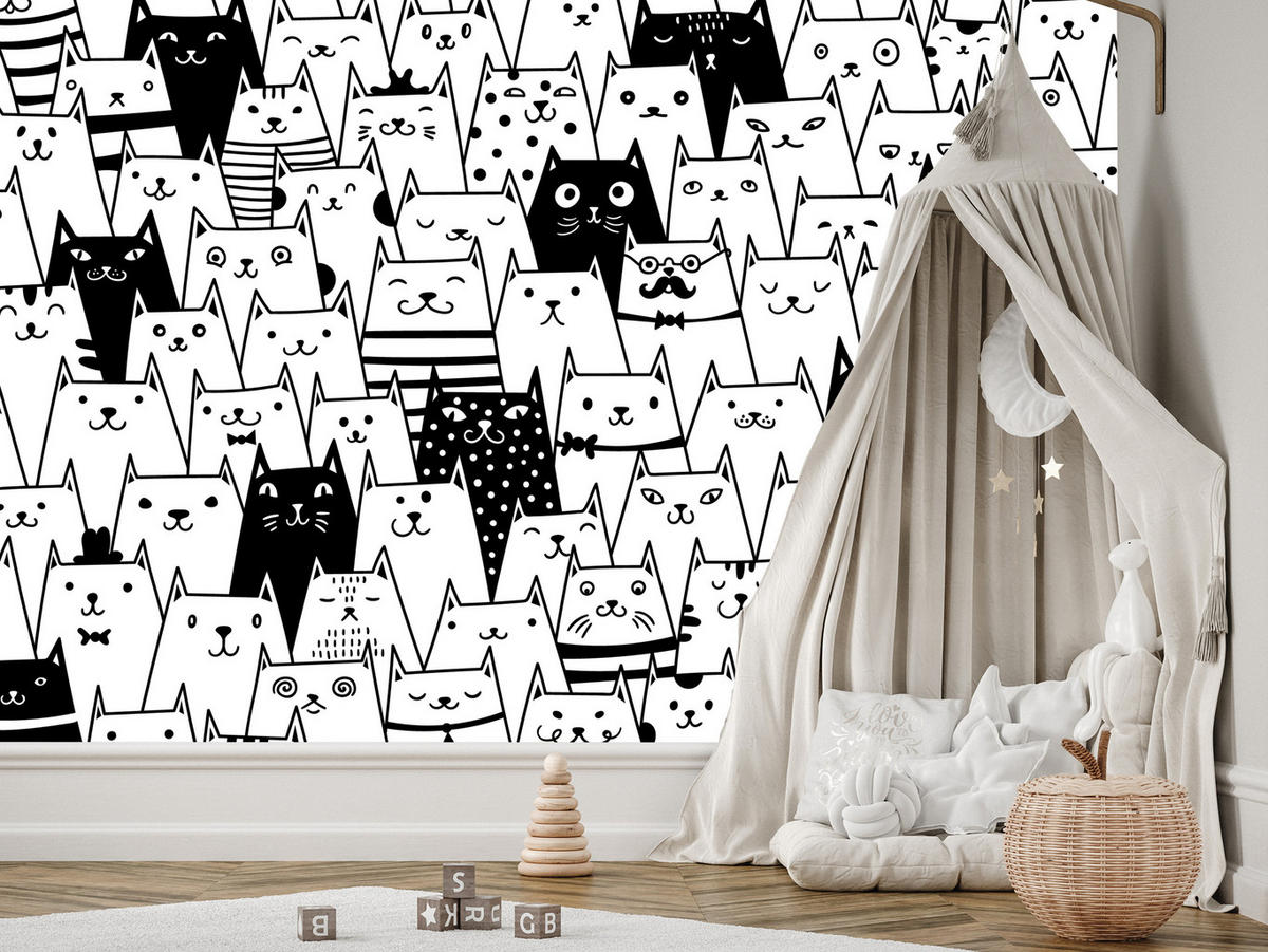 FOTOTAPETE für Kinderzimmer Schwarze Weiße Comic Katzen 350x256 - Schwarz/Weiß, Papier (350/256cm) - Muralo